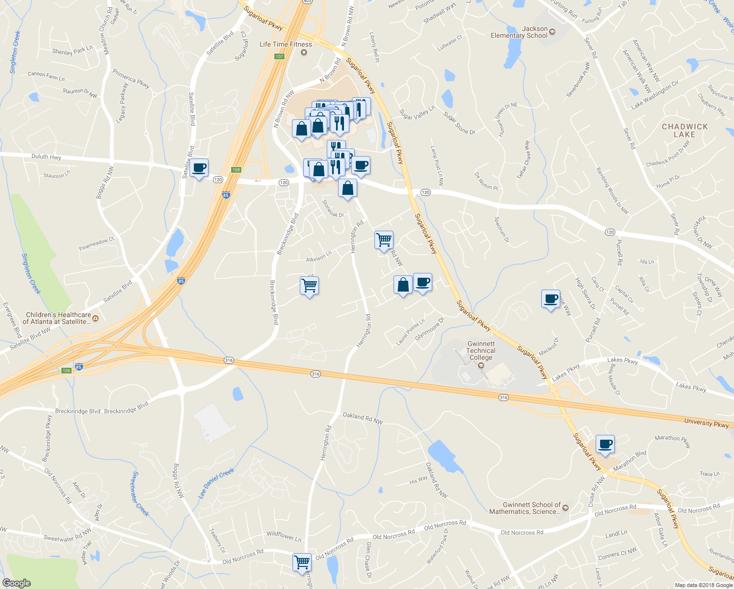 map of restaurants, bars, coffee shops, grocery stores, and more near 2126 Mission View Drive Northwest in Lawrenceville