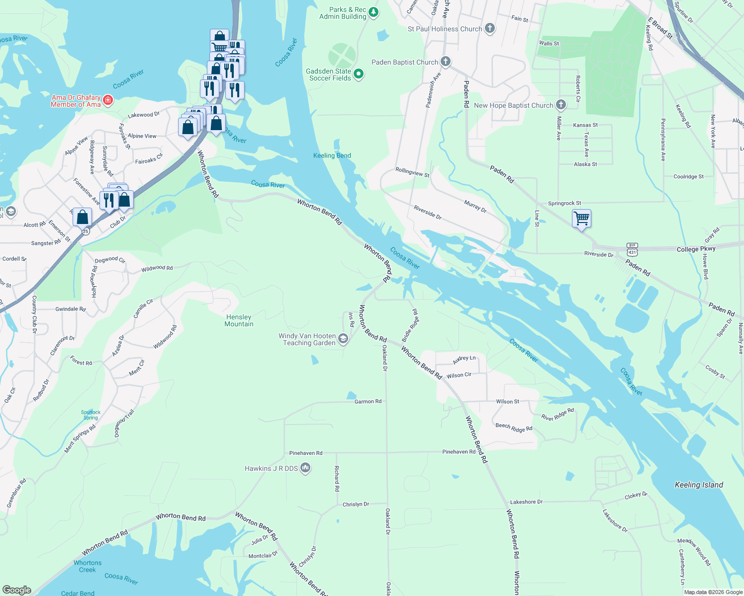 map of restaurants, bars, coffee shops, grocery stores, and more near 40 Whippoorwill Drive in Gadsden