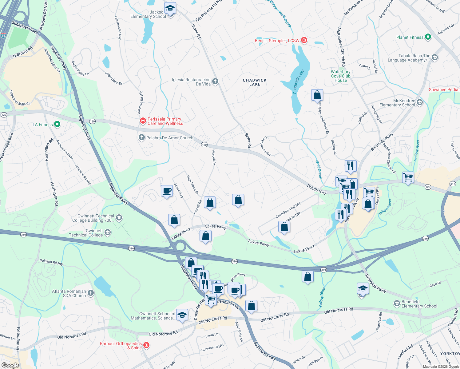 map of restaurants, bars, coffee shops, grocery stores, and more near 1490 Rilla Cir in Lawrenceville