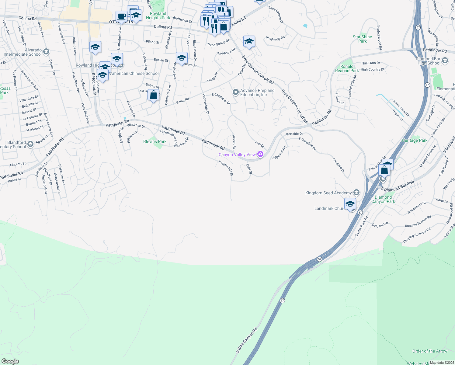map of restaurants, bars, coffee shops, grocery stores, and more near 2691 Pepperdale Drive in Rowland Heights