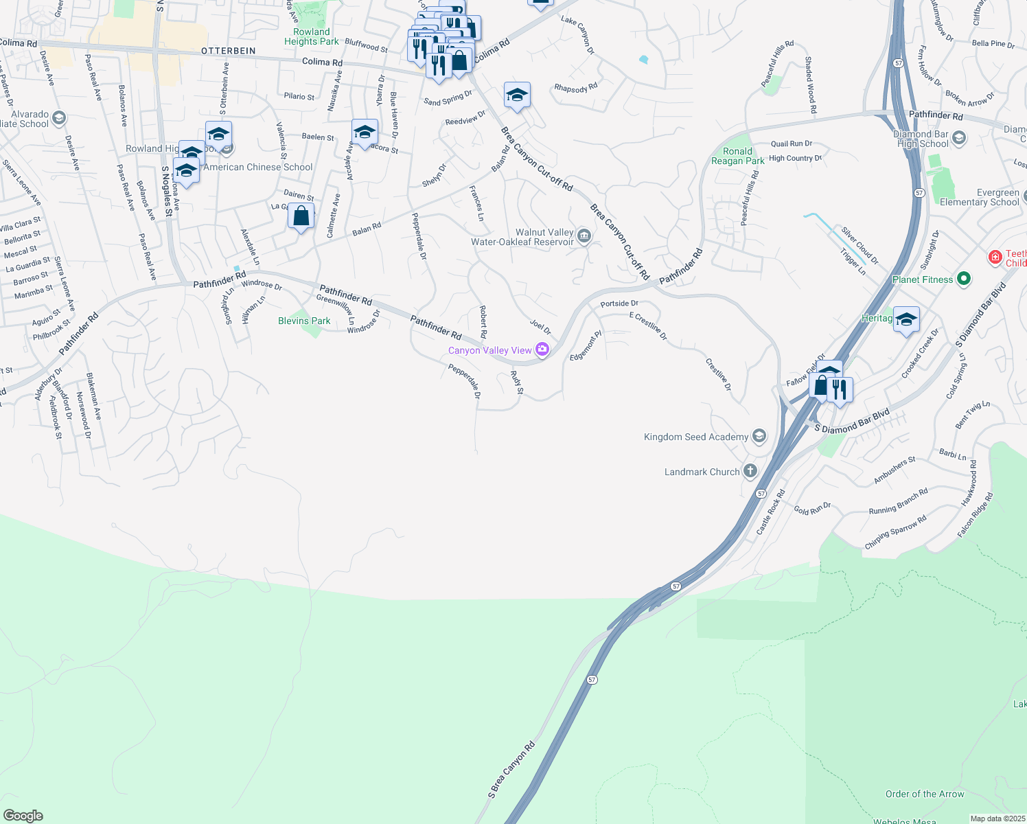 map of restaurants, bars, coffee shops, grocery stores, and more near 2628 Rudy Street in Rowland Heights