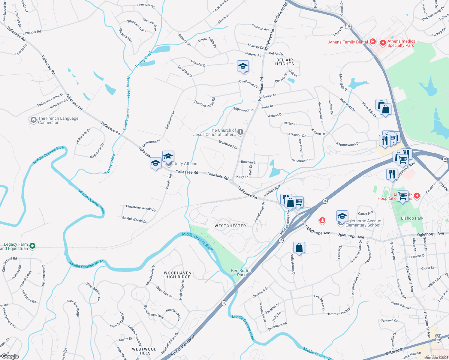 map of restaurants, bars, coffee shops, grocery stores, and more near 395 Tallassee Rd in Athens