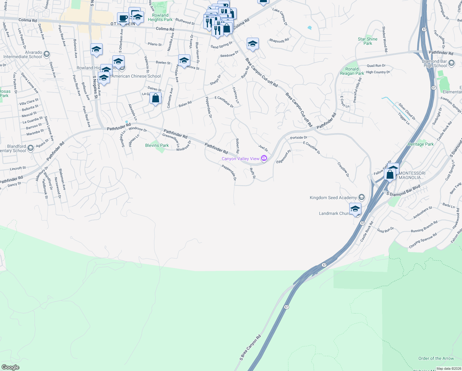 map of restaurants, bars, coffee shops, grocery stores, and more near 2691 Pepperdale Drive in Rowland Heights