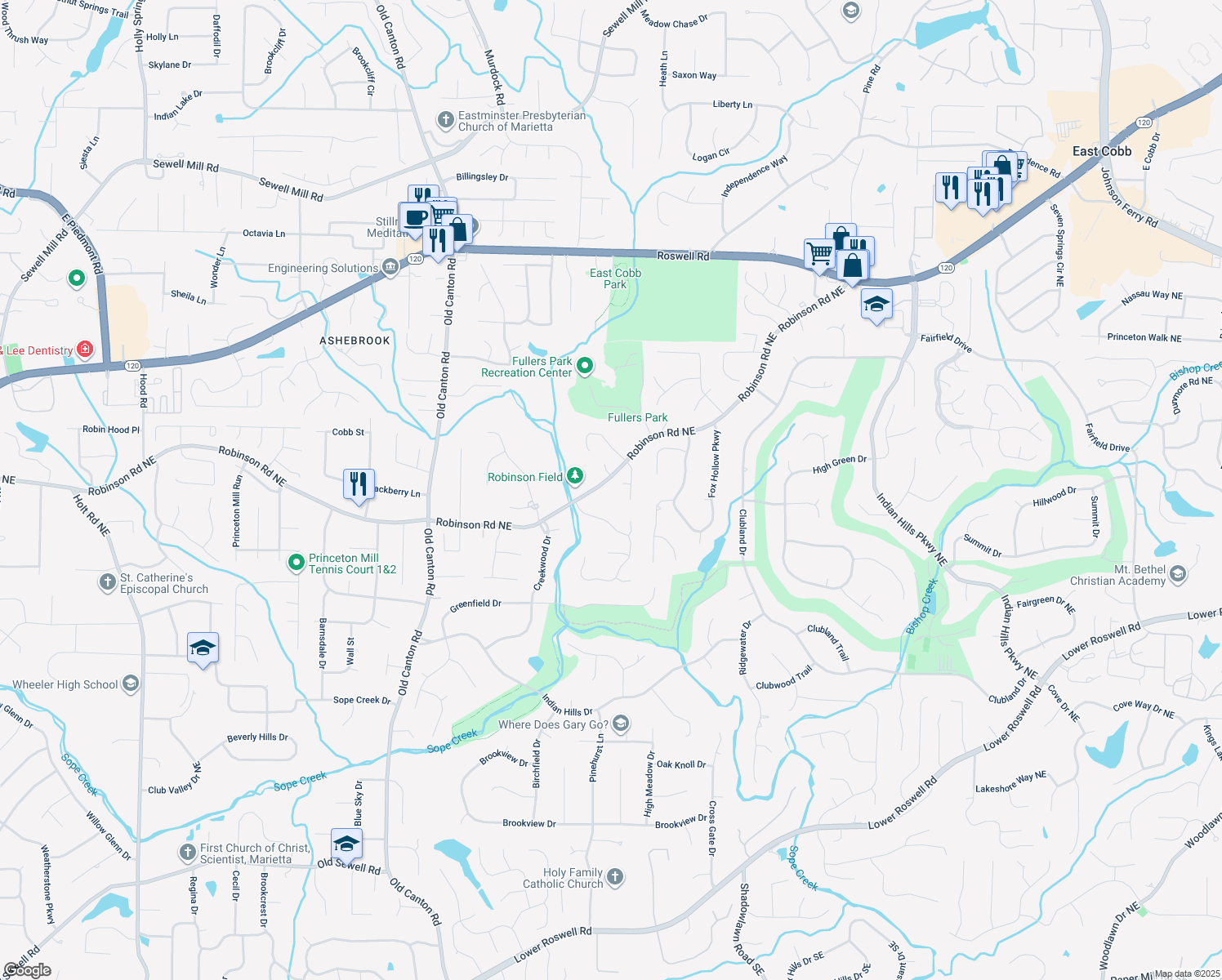 map of restaurants, bars, coffee shops, grocery stores, and more near 3400 Robinson Road in Marietta