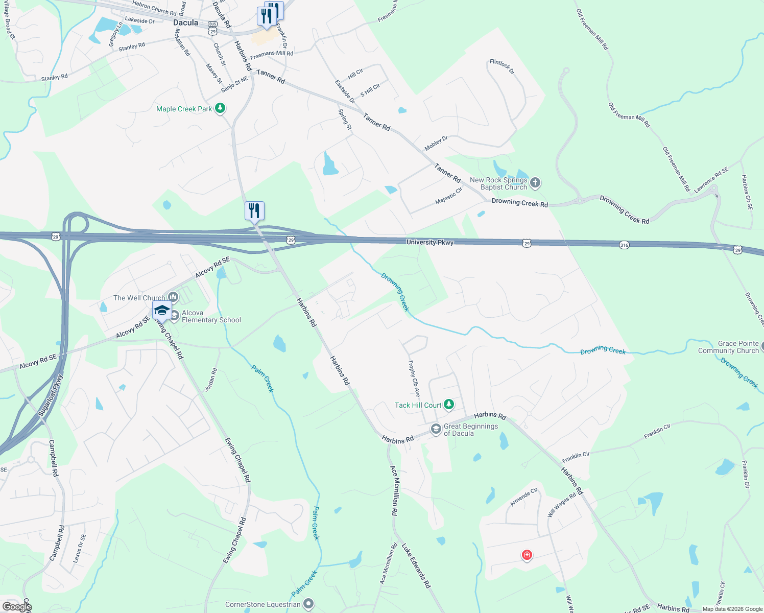 map of restaurants, bars, coffee shops, grocery stores, and more near 2538 Courtney Renea Dr in Dacula