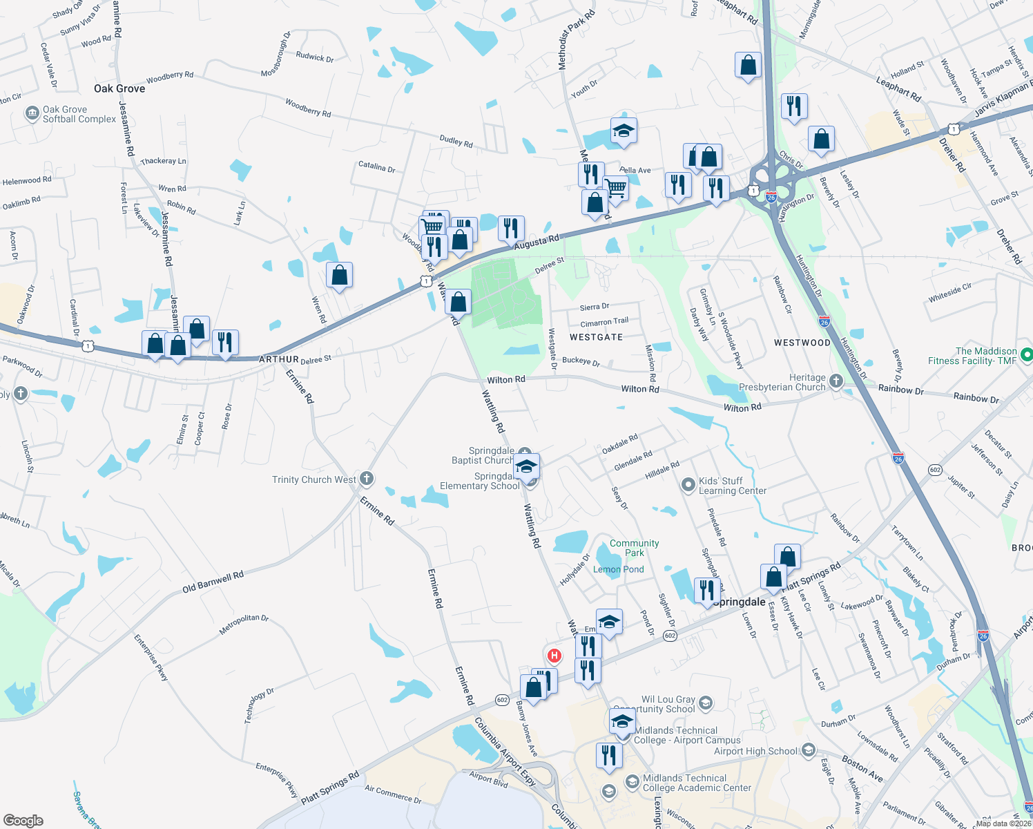 map of restaurants, bars, coffee shops, grocery stores, and more near 3209 Marion Street in West Columbia