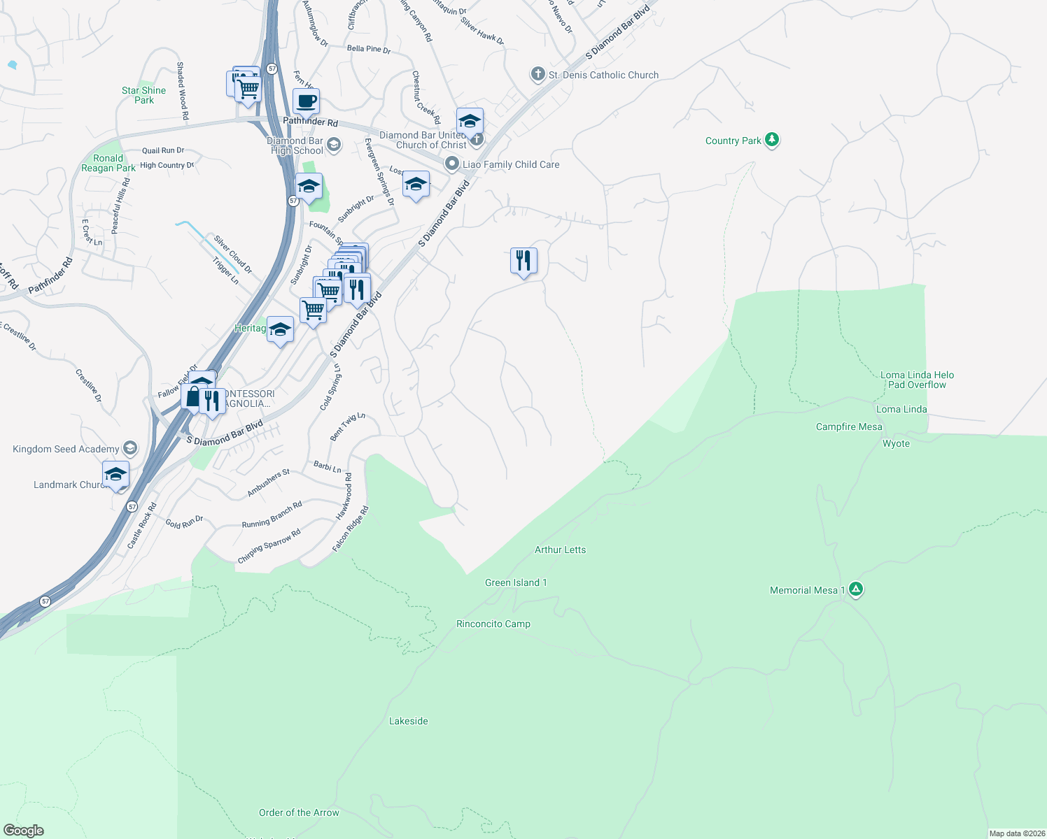 map of restaurants, bars, coffee shops, grocery stores, and more near 2862 Oak Knoll Drive in Diamond Bar