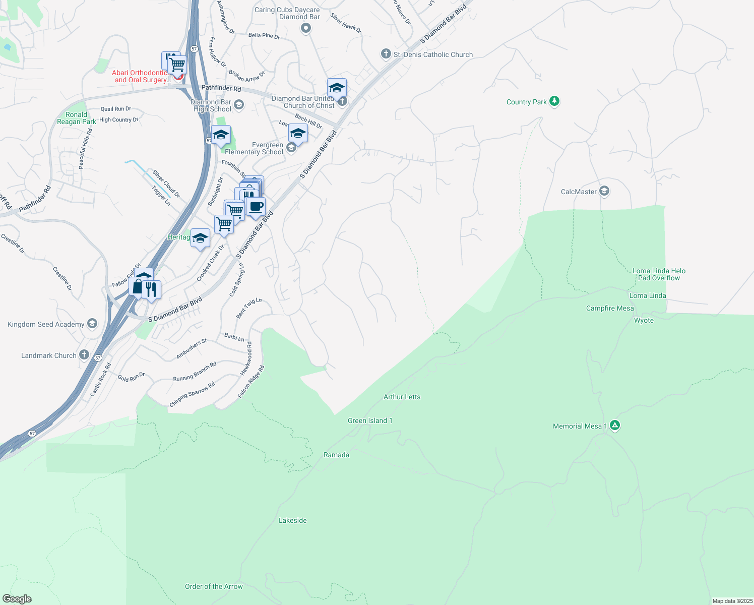 map of restaurants, bars, coffee shops, grocery stores, and more near 2862 Oak Knoll Drive in Diamond Bar