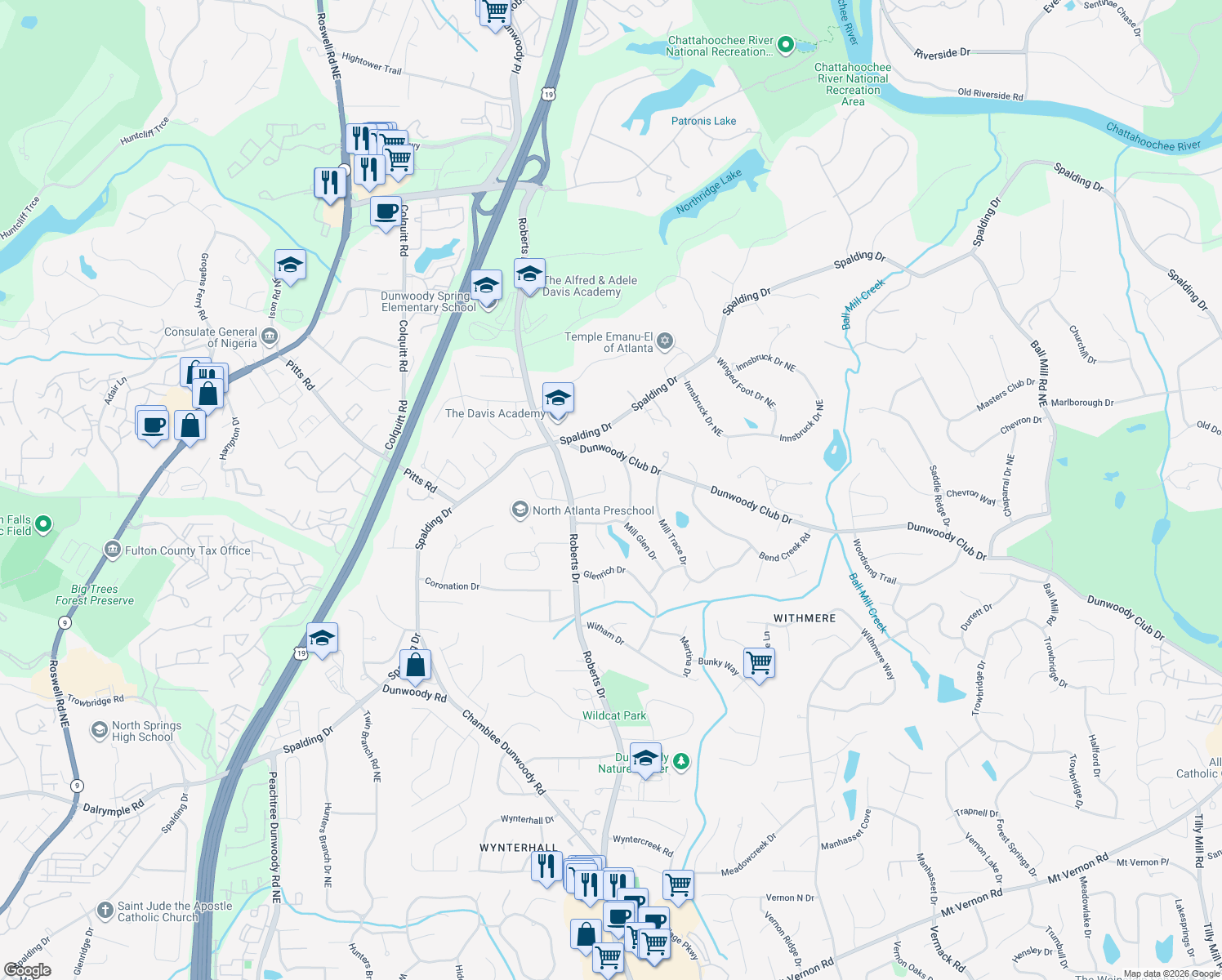 map of restaurants, bars, coffee shops, grocery stores, and more near 1261 Manor Oaks Ct in Dunwoody