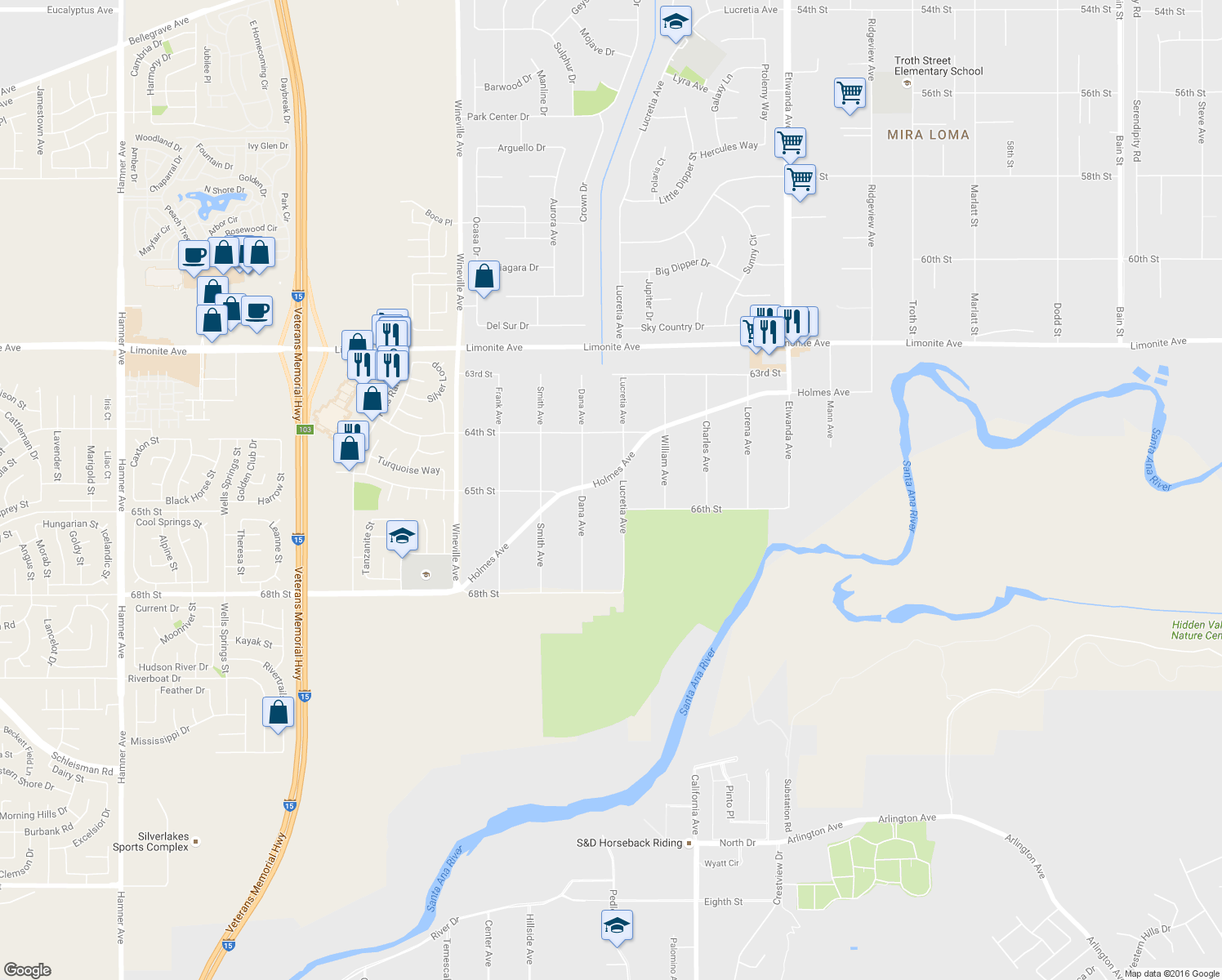 map of restaurants, bars, coffee shops, grocery stores, and more near 11432 Holmes Avenue in Jurupa Valley