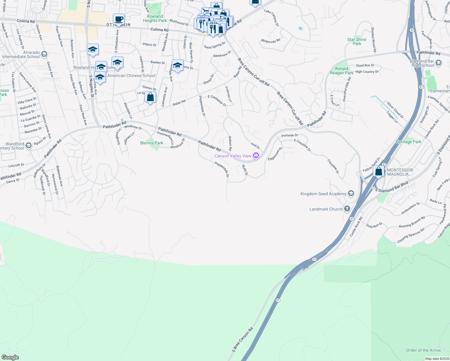 map of restaurants, bars, coffee shops, grocery stores, and more near 2691 Pepperdale Drive in Rowland Heights