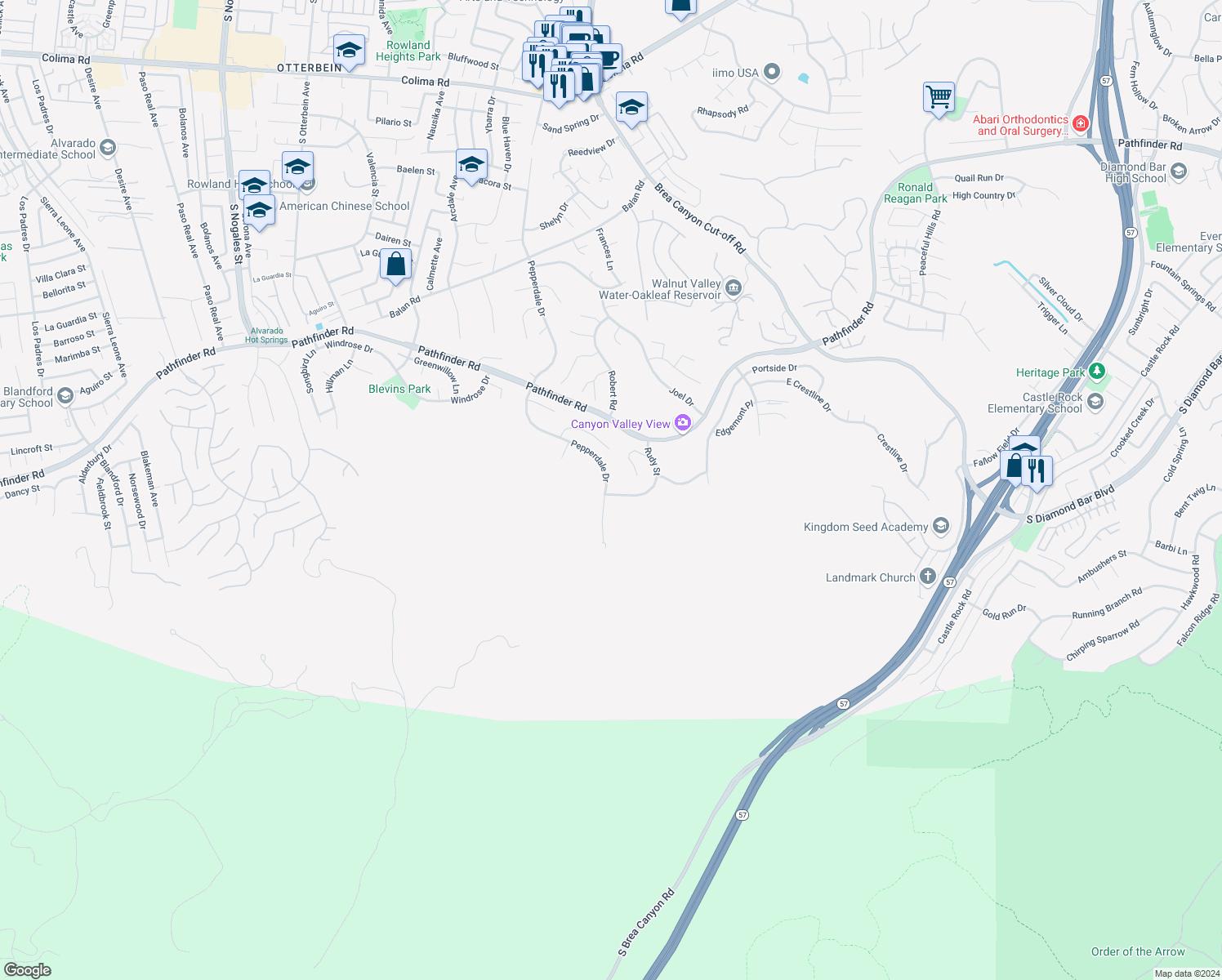 map of restaurants, bars, coffee shops, grocery stores, and more near 2681 Rudy Street in Rowland Heights