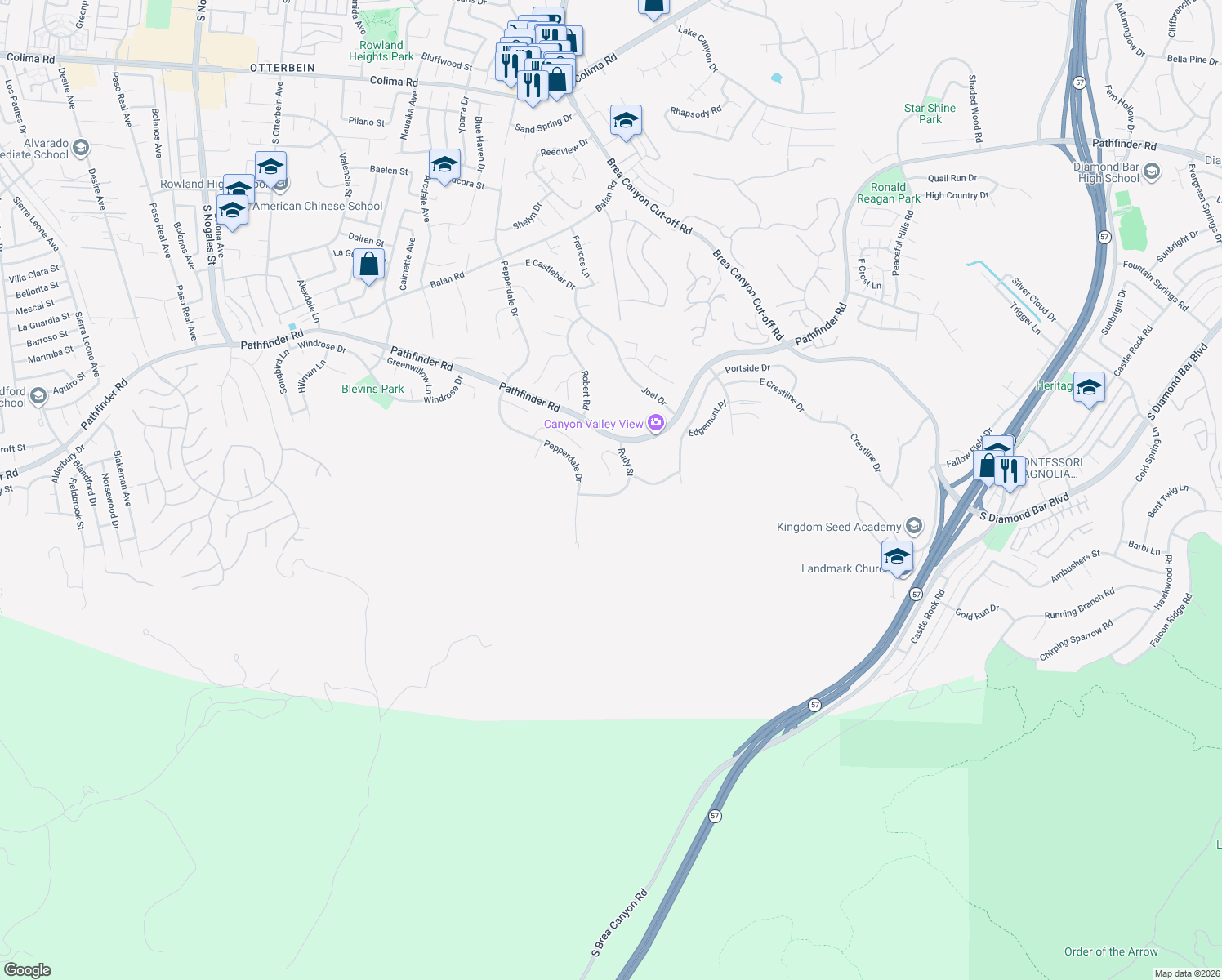 map of restaurants, bars, coffee shops, grocery stores, and more near 2641 Rudy Street in Rowland Heights