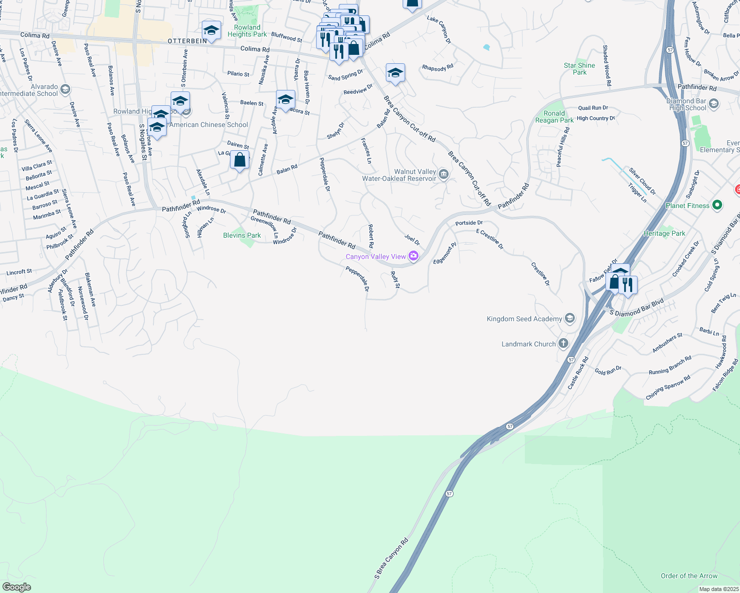 map of restaurants, bars, coffee shops, grocery stores, and more near 2681 Rudy Street in Rowland Heights