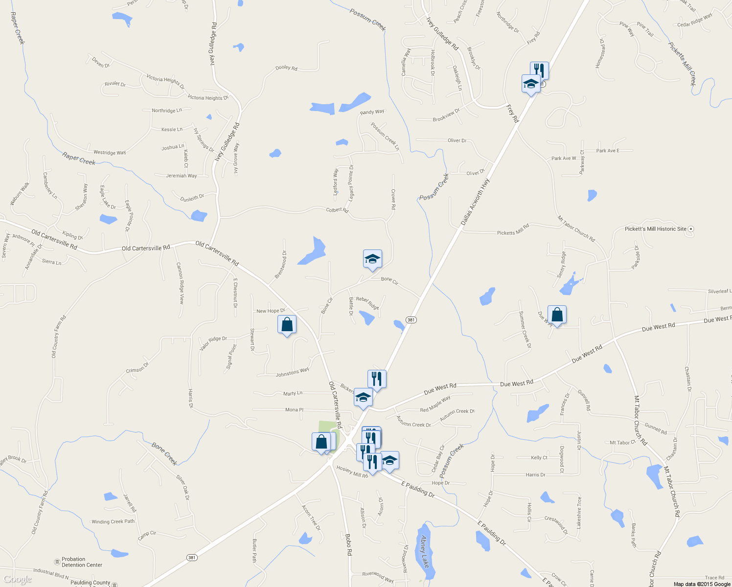 map of restaurants, bars, coffee shops, grocery stores, and more near 59 Rebel Ridge in Dallas