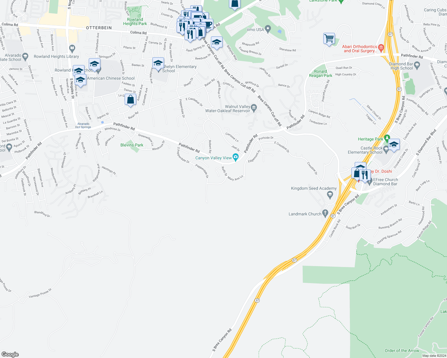 map of restaurants, bars, coffee shops, grocery stores, and more near 2631 Rudy Street in Rowland Heights