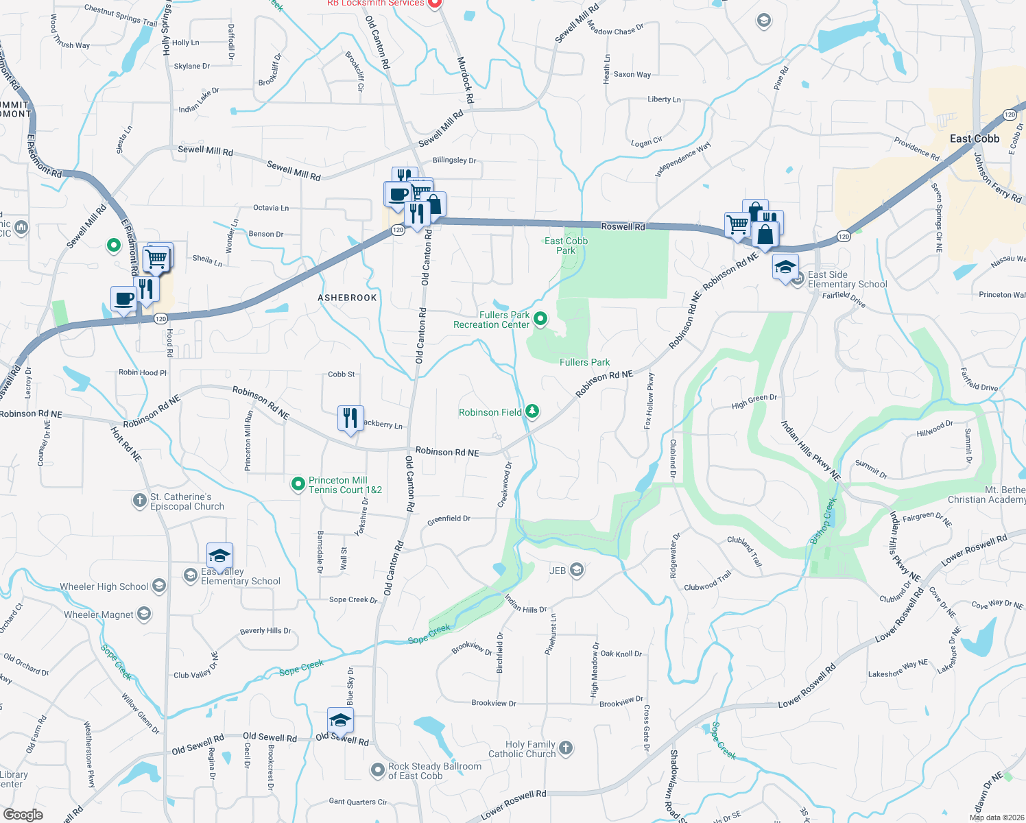 map of restaurants, bars, coffee shops, grocery stores, and more near 3262 Twisted Branches Lane Northeast in Marietta