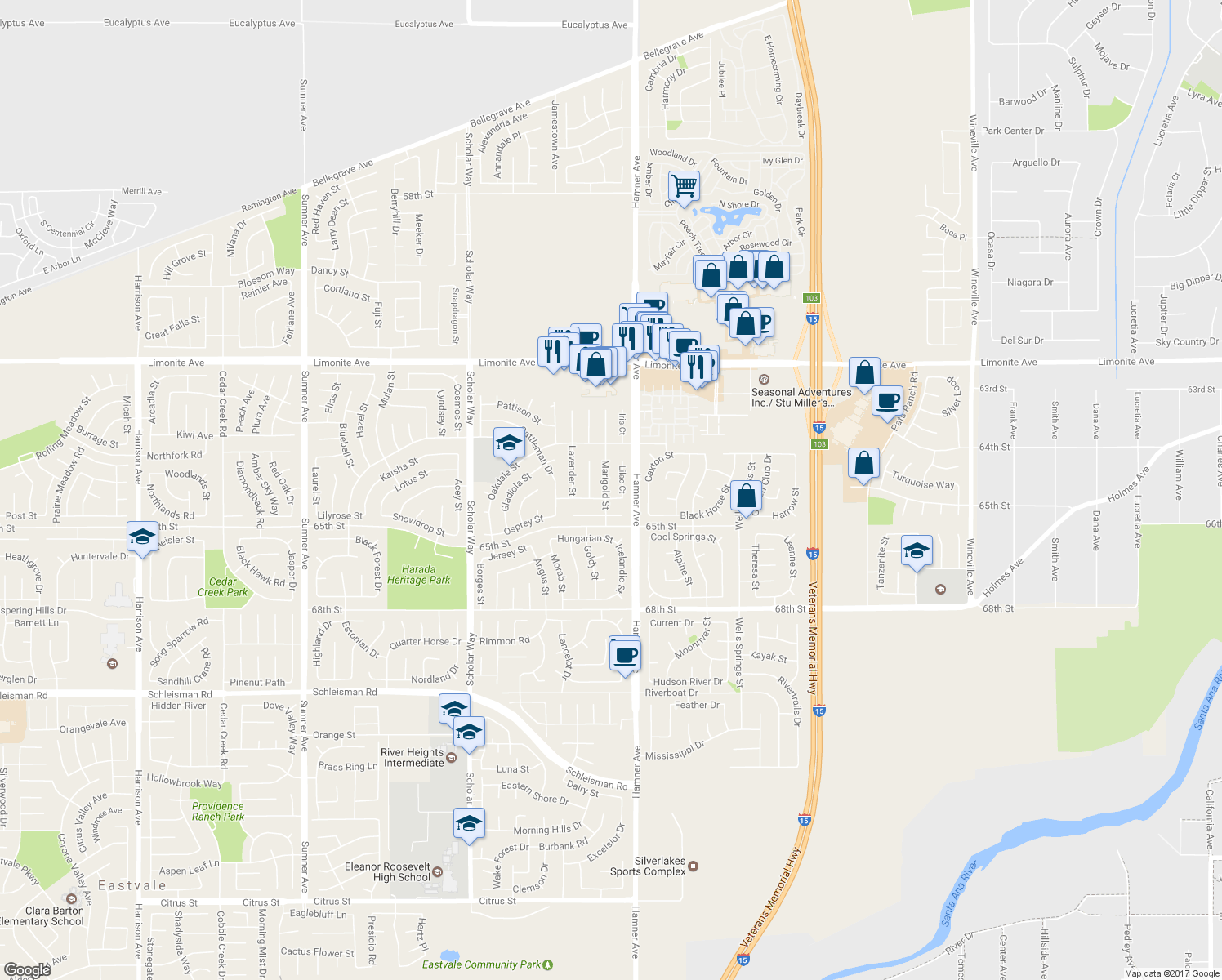 map of restaurants, bars, coffee shops, grocery stores, and more near 6502 Marigold Street in Corona