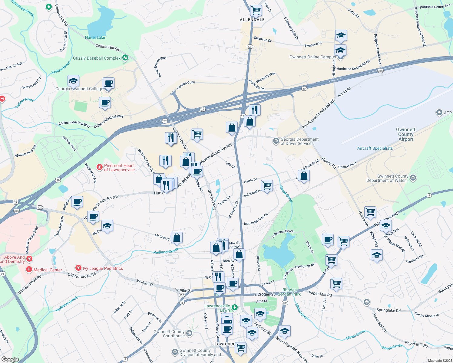 map of restaurants, bars, coffee shops, grocery stores, and more near 51 Joans Court in Lawrenceville