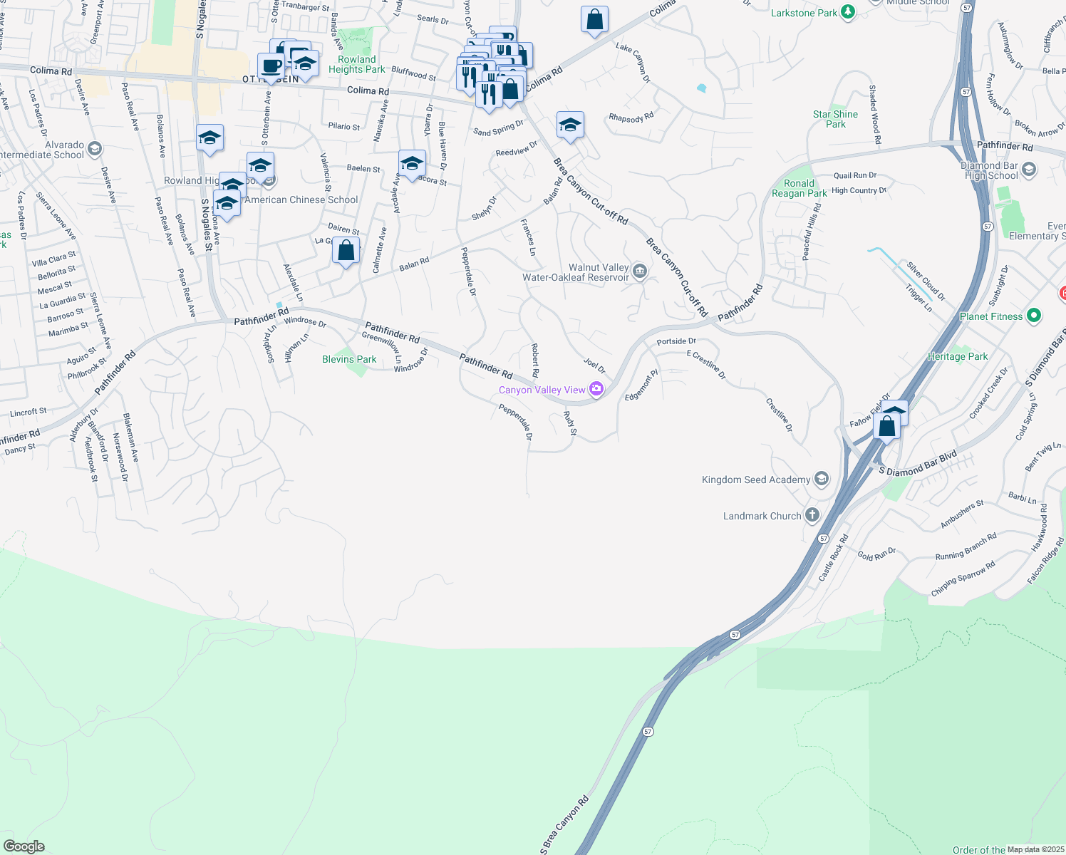 map of restaurants, bars, coffee shops, grocery stores, and more near 2670 Pepperdale Drive in Rowland Heights