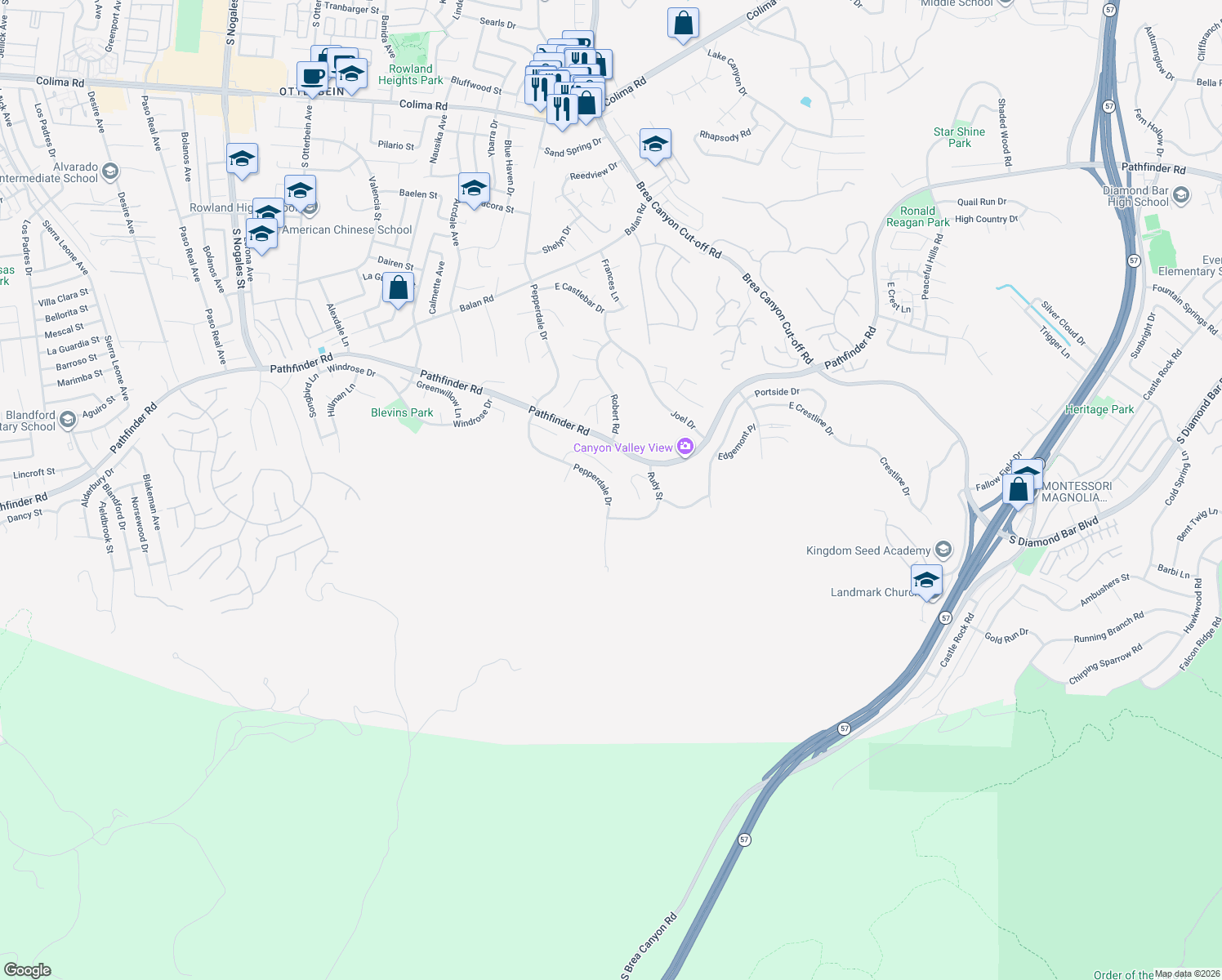 map of restaurants, bars, coffee shops, grocery stores, and more near 2670 Pepperdale Drive in Rowland Heights