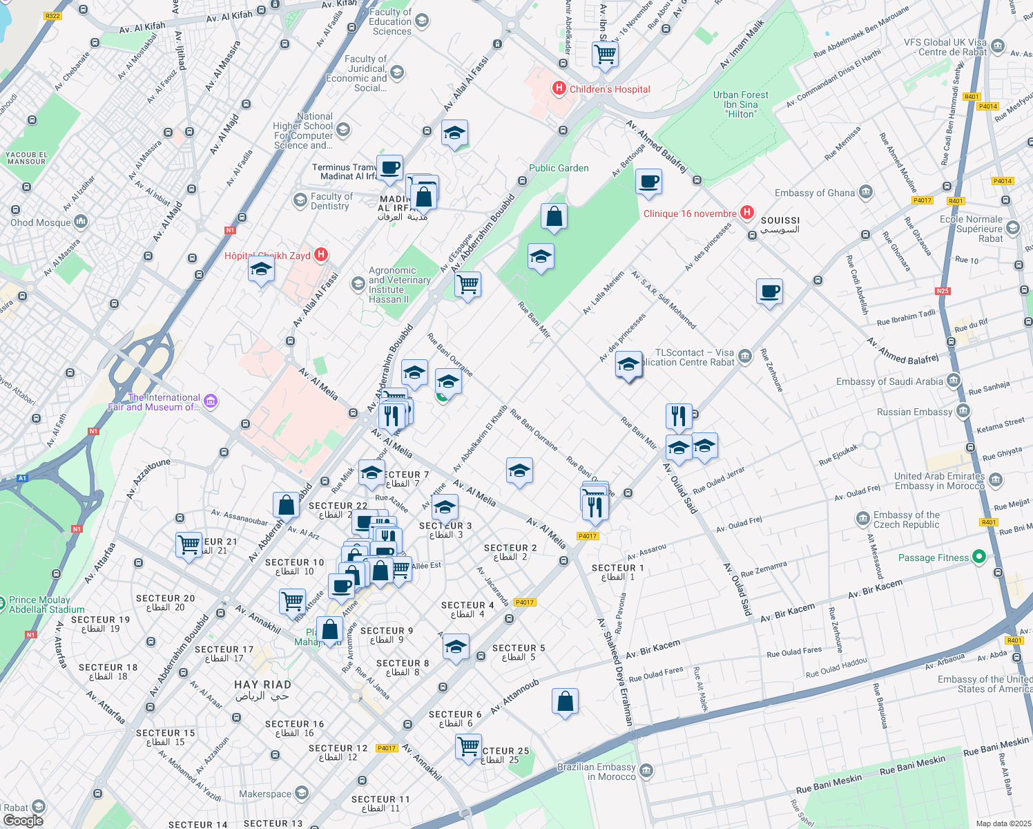 map of restaurants, bars, coffee shops, grocery stores, and more near Rue Bani Ourraine in Rabat
