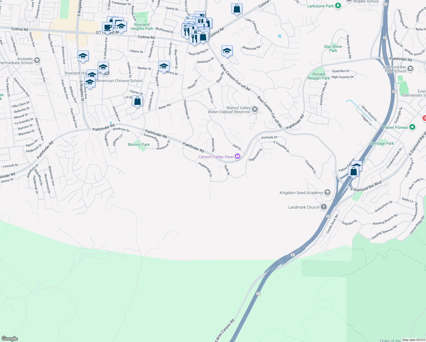 map of restaurants, bars, coffee shops, grocery stores, and more near 2670 Pepperdale Drive in Rowland Heights