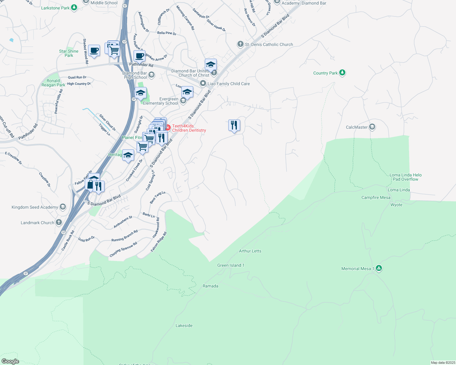 map of restaurants, bars, coffee shops, grocery stores, and more near 2832 Oak Knoll Drive in Diamond Bar