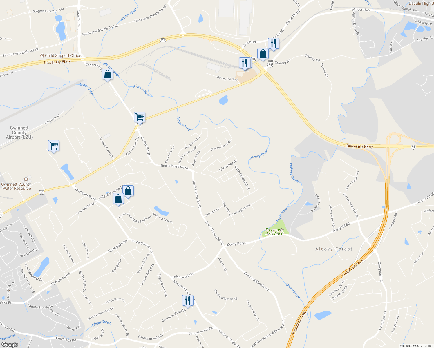 map of restaurants, bars, coffee shops, grocery stores, and more near 2230 Lily Valley Drive in Lawrenceville