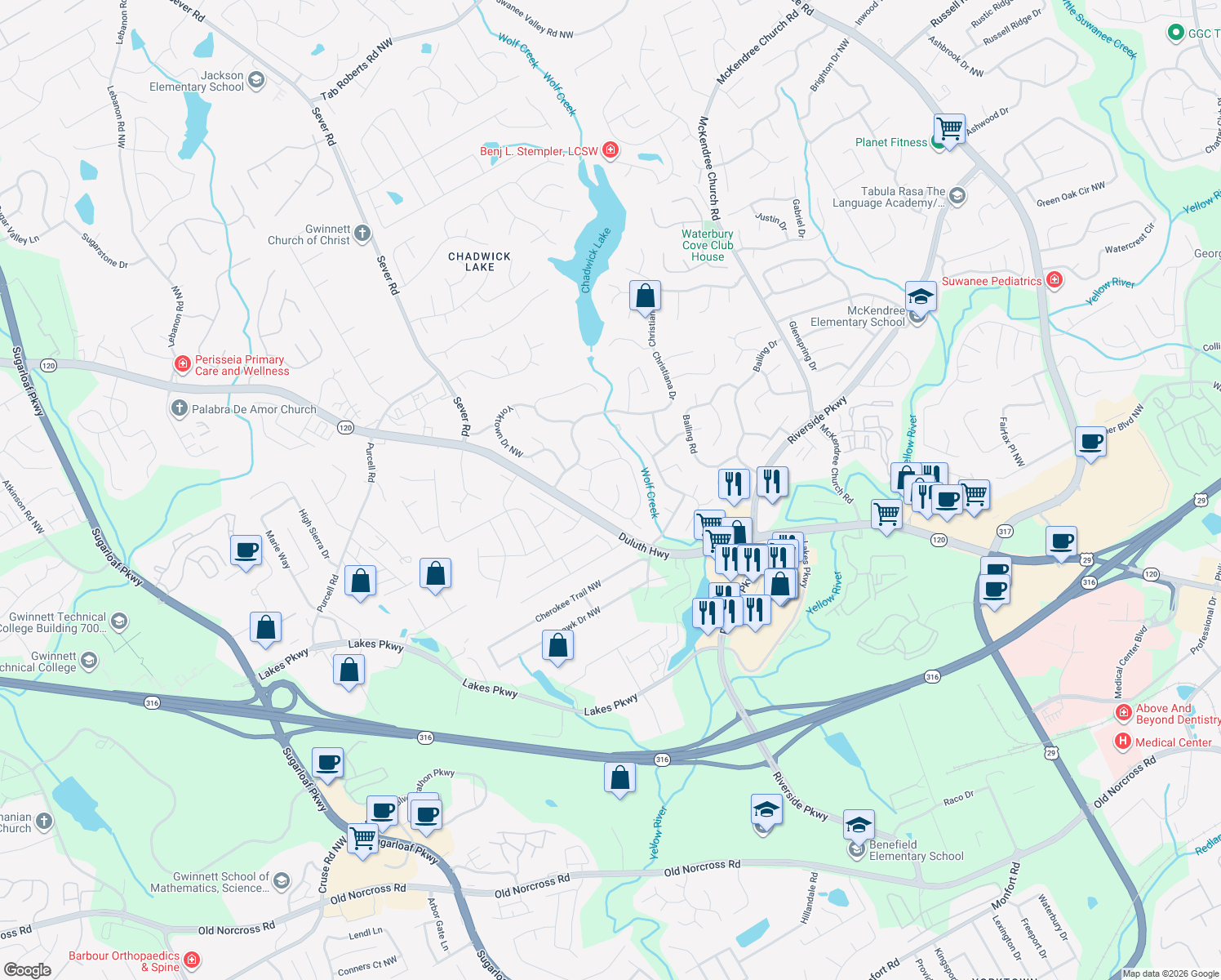 map of restaurants, bars, coffee shops, grocery stores, and more near 1242 Raleigh Court in Lawrenceville