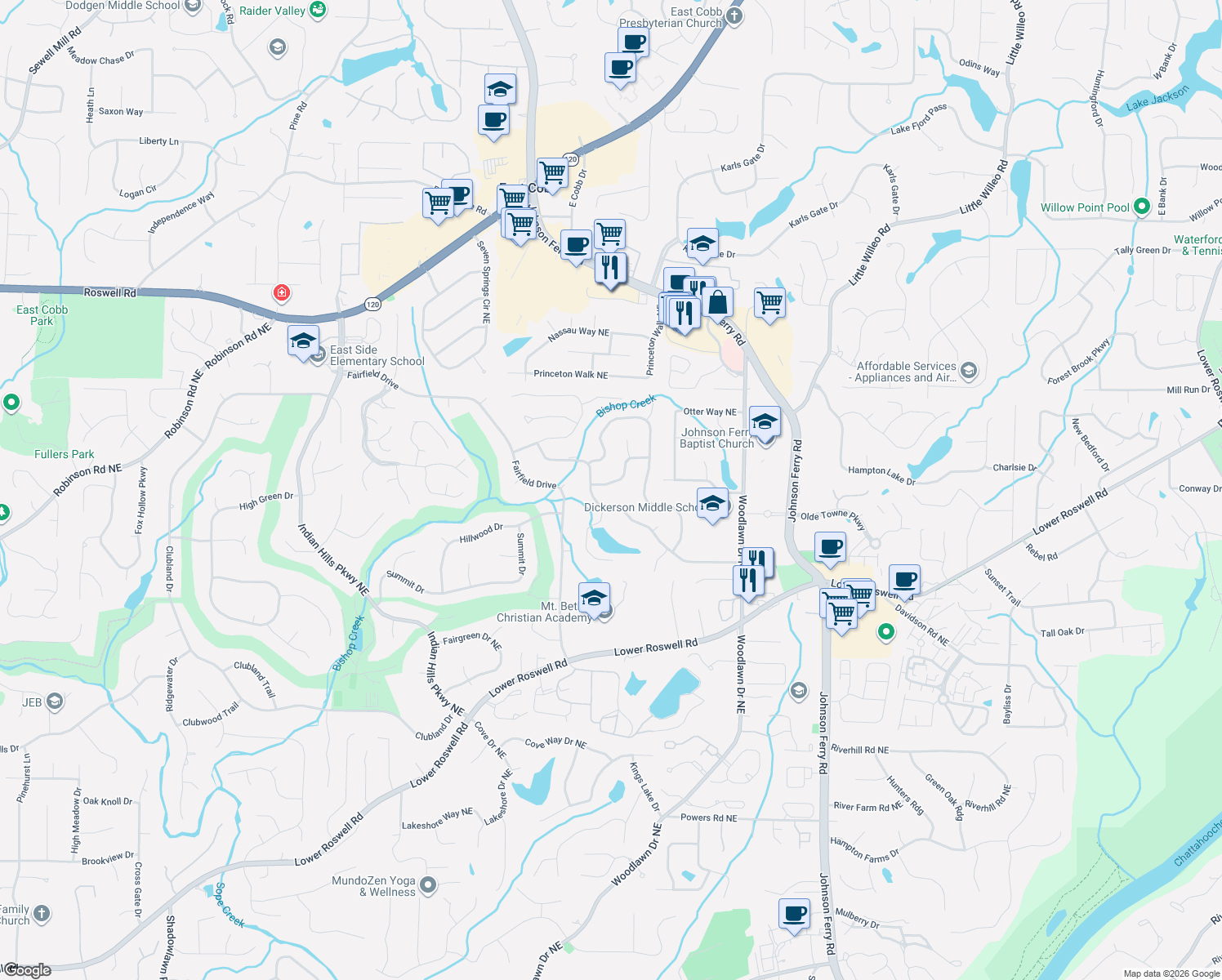 map of restaurants, bars, coffee shops, grocery stores, and more near 890 Banford Court Northeast in Marietta