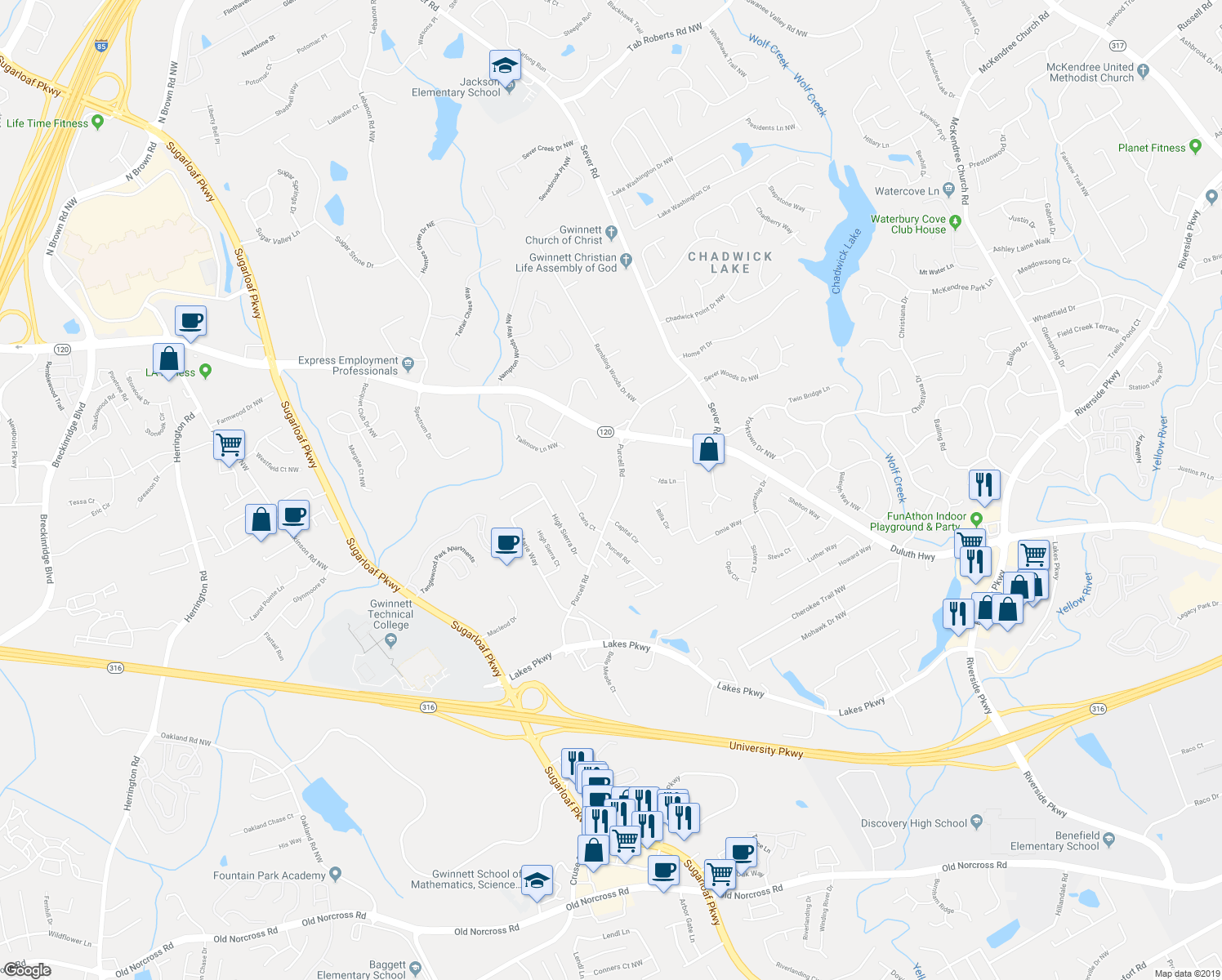 map of restaurants, bars, coffee shops, grocery stores, and more near 1525 Purcell Road in Lawrenceville