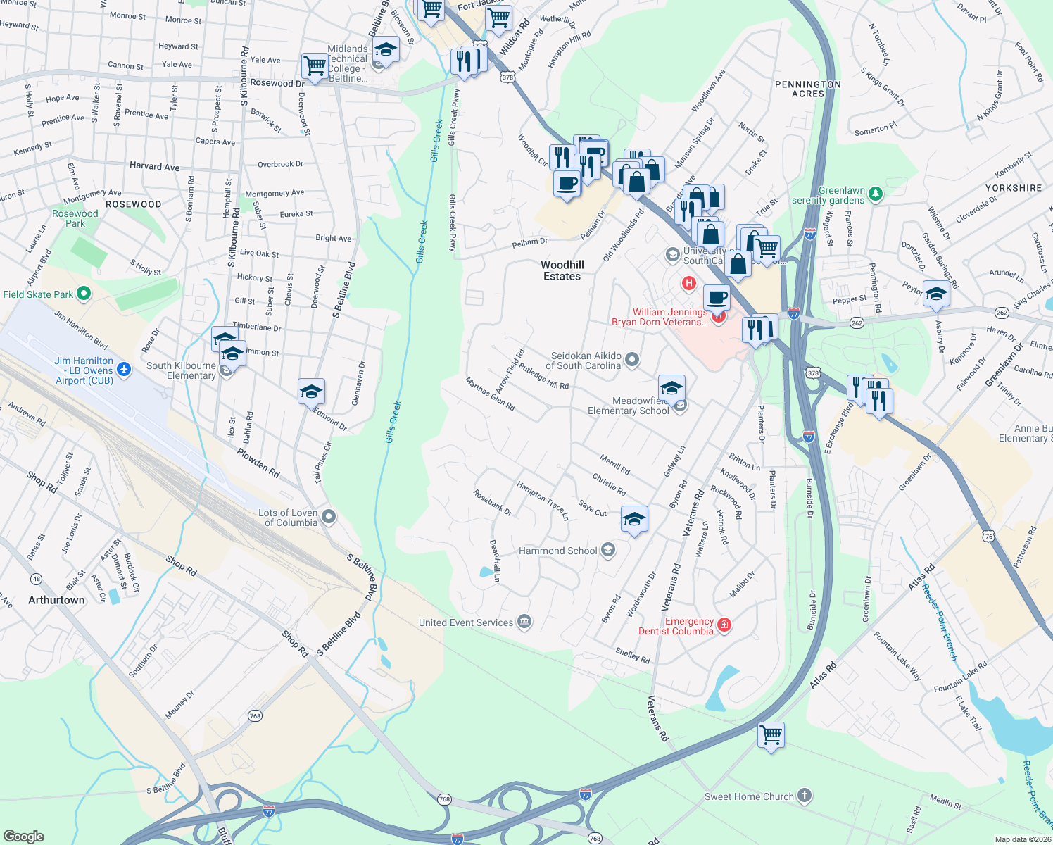 map of restaurants, bars, coffee shops, grocery stores, and more near 6136 Marthas Glen Rd in Columbia