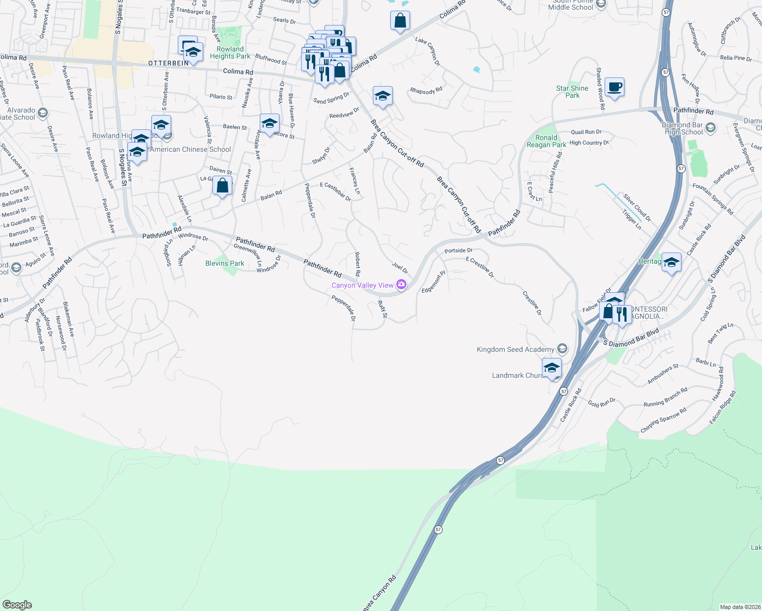 map of restaurants, bars, coffee shops, grocery stores, and more near 2604 Rudy Street in Rowland Heights