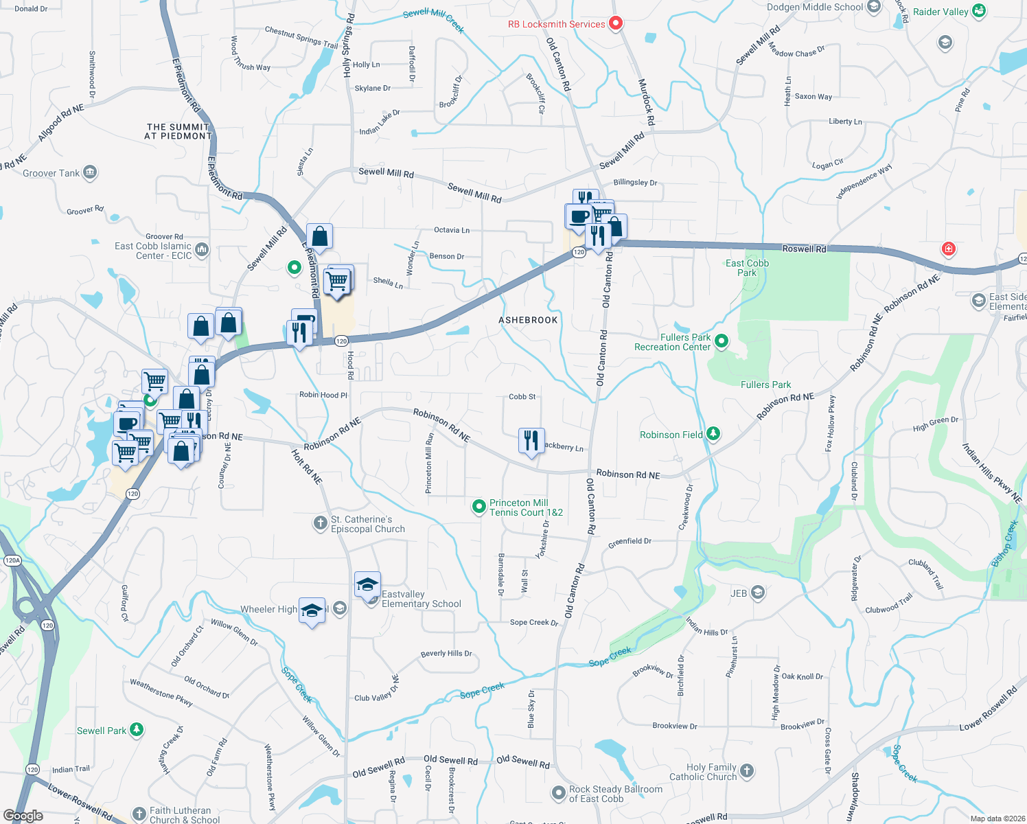 map of restaurants, bars, coffee shops, grocery stores, and more near 2841 Blackberry Lane in Marietta