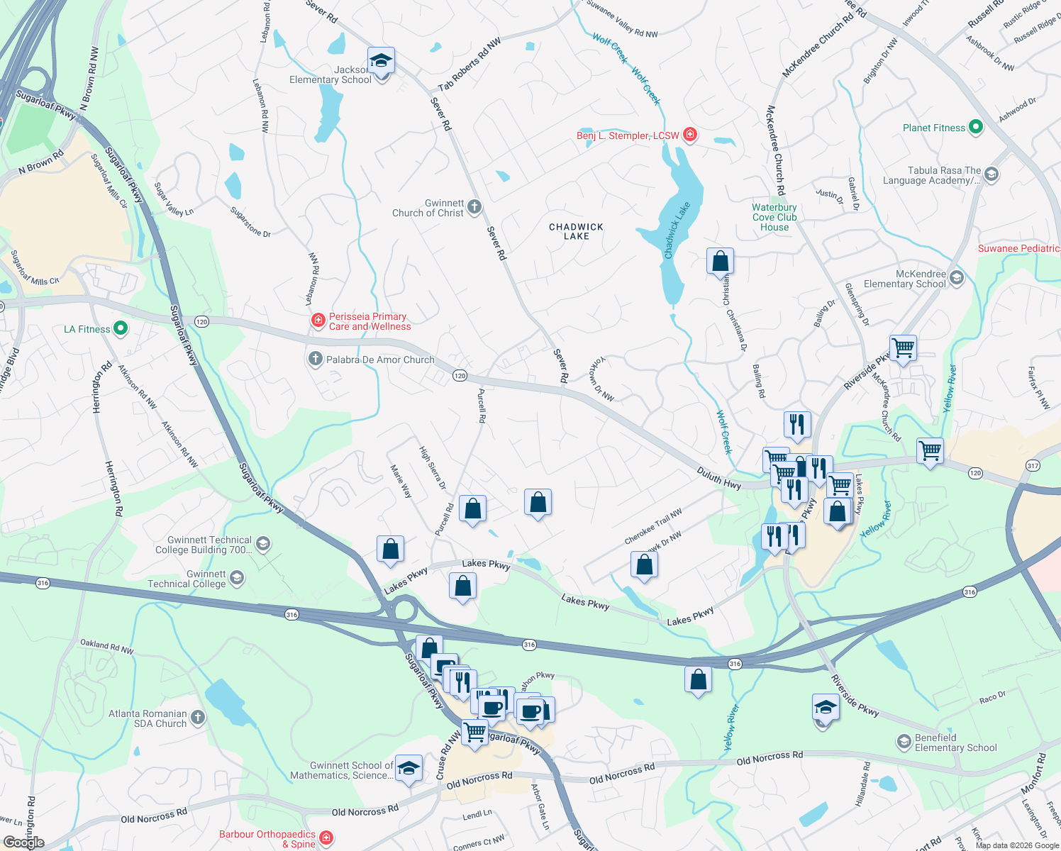 map of restaurants, bars, coffee shops, grocery stores, and more near 1414 Ida Lane in Lawrenceville