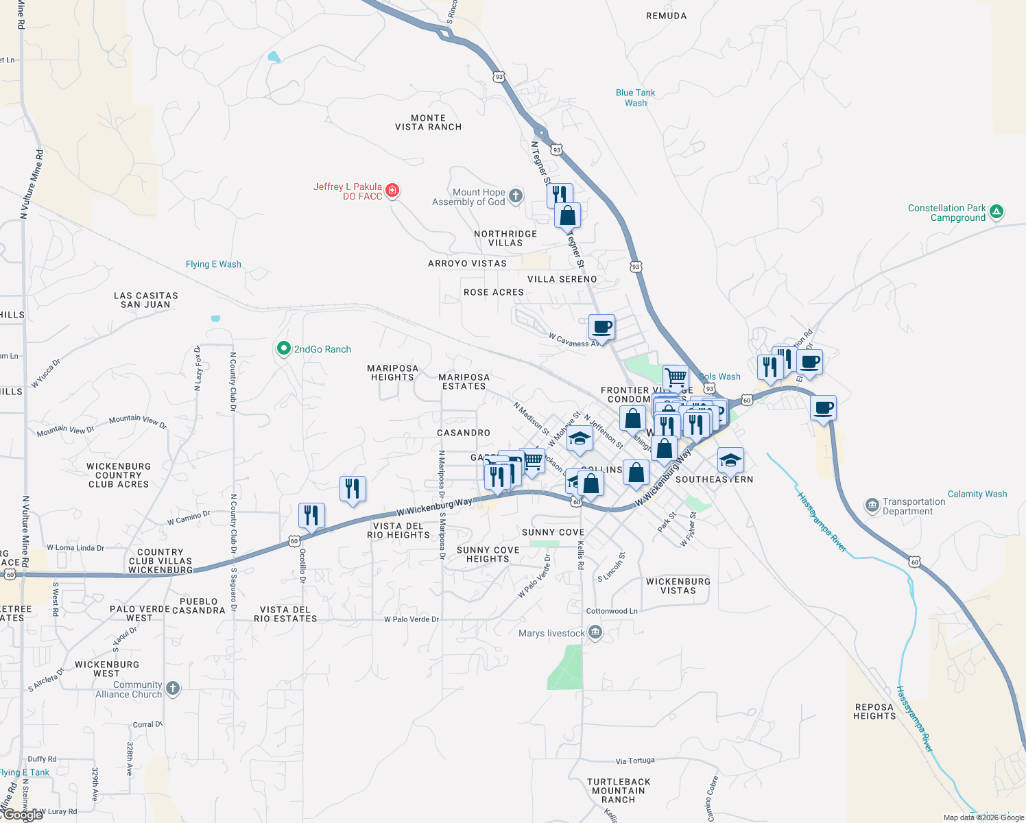 map of restaurants, bars, coffee shops, grocery stores, and more near 593 N Madison St in Wickenburg