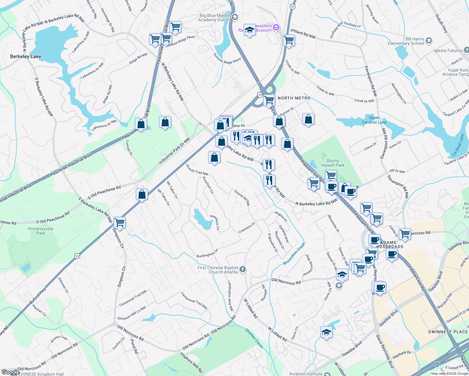 map of restaurants, bars, coffee shops, grocery stores, and more near 3979 Leeward Court in Duluth