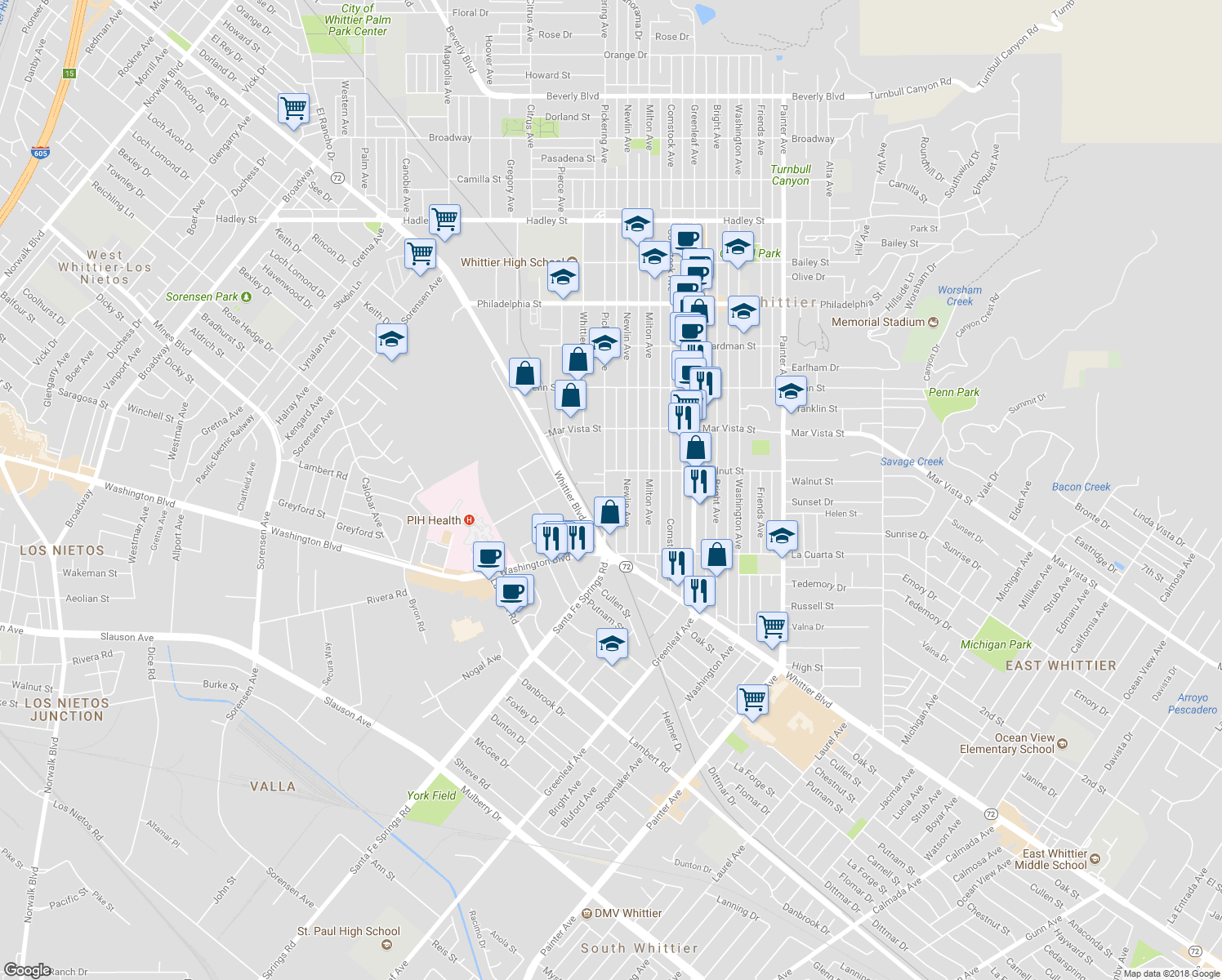 map of restaurants, bars, coffee shops, grocery stores, and more near 7726 Pickering Avenue in Whittier