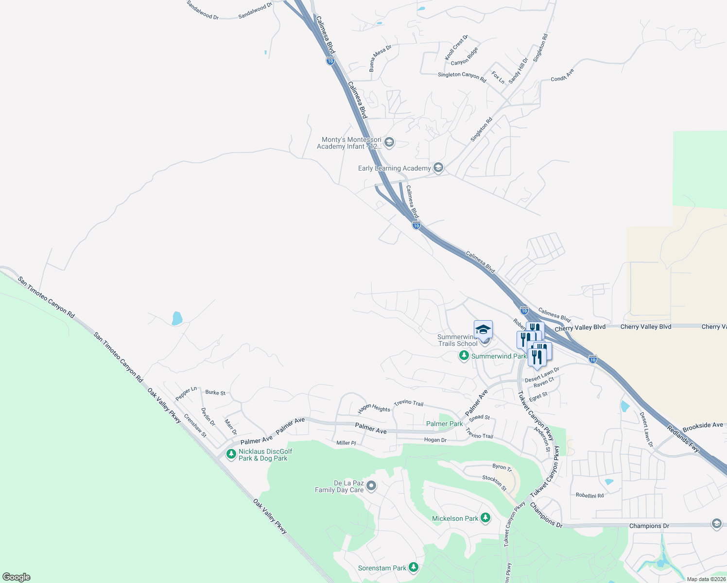 map of restaurants, bars, coffee shops, grocery stores, and more near 1180 Little Leaf Street in Calimesa