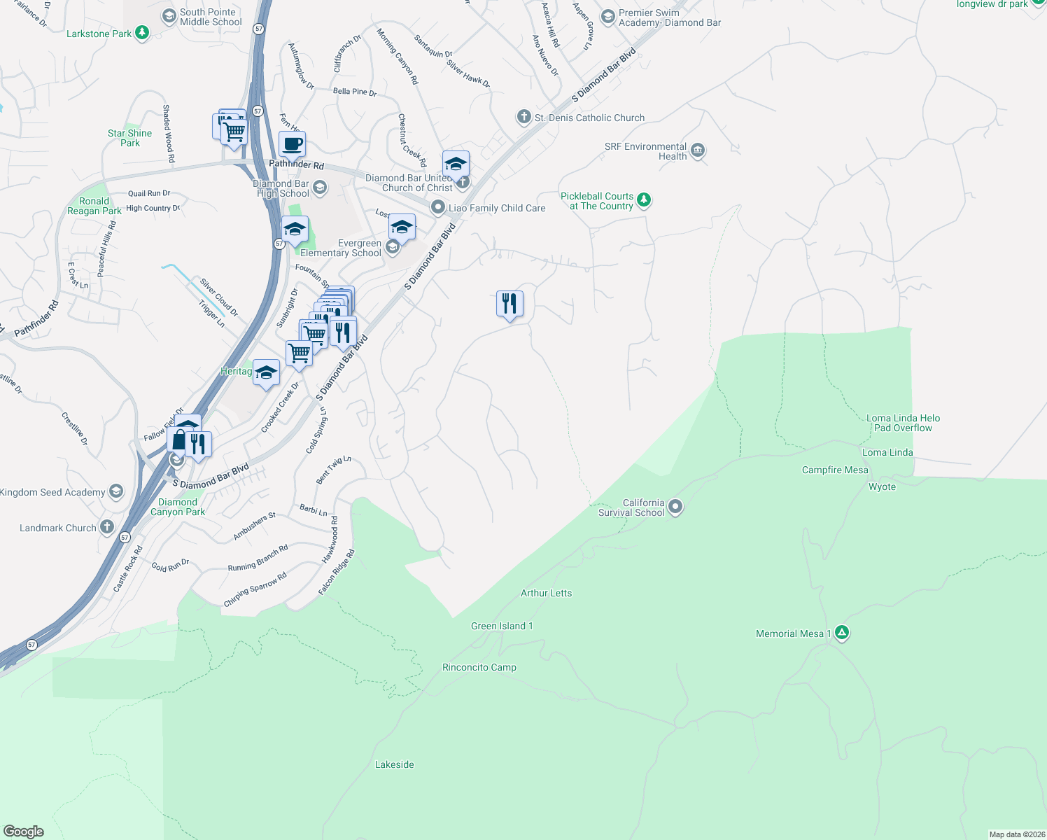 map of restaurants, bars, coffee shops, grocery stores, and more near 2838 Bentley Way in Diamond Bar