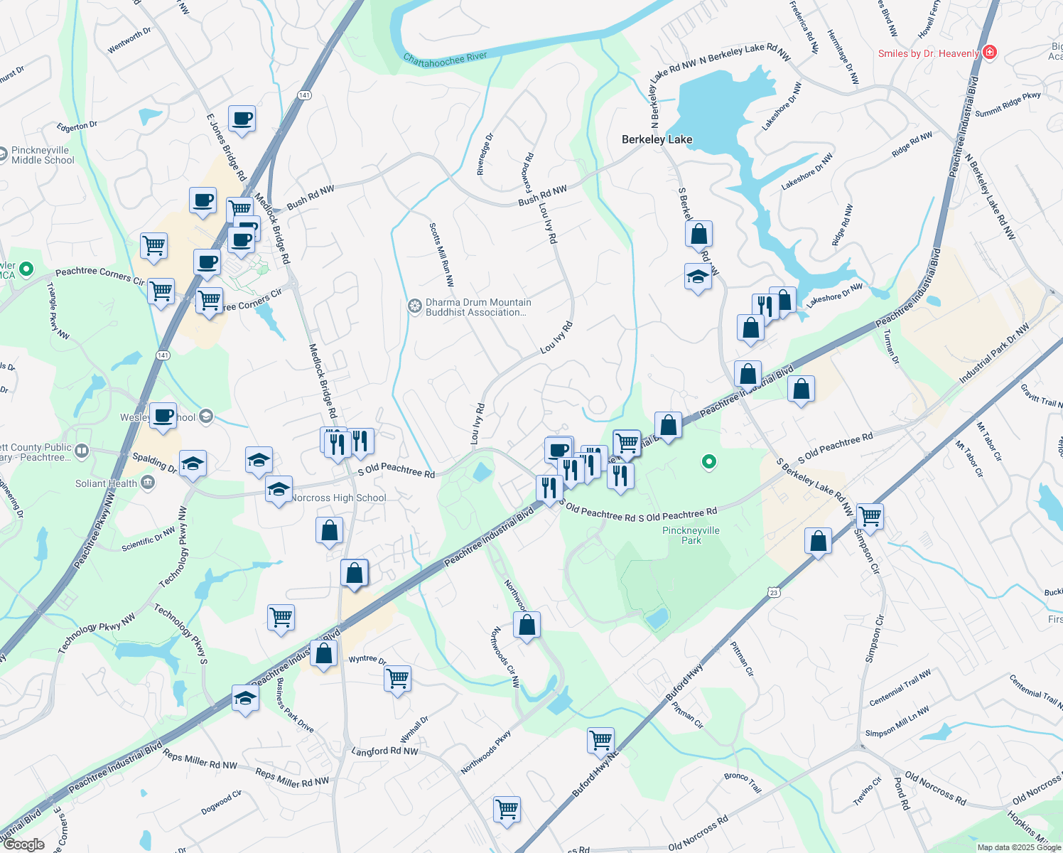 map of restaurants, bars, coffee shops, grocery stores, and more near 4915 Avocet Drive Northwest in Norcross