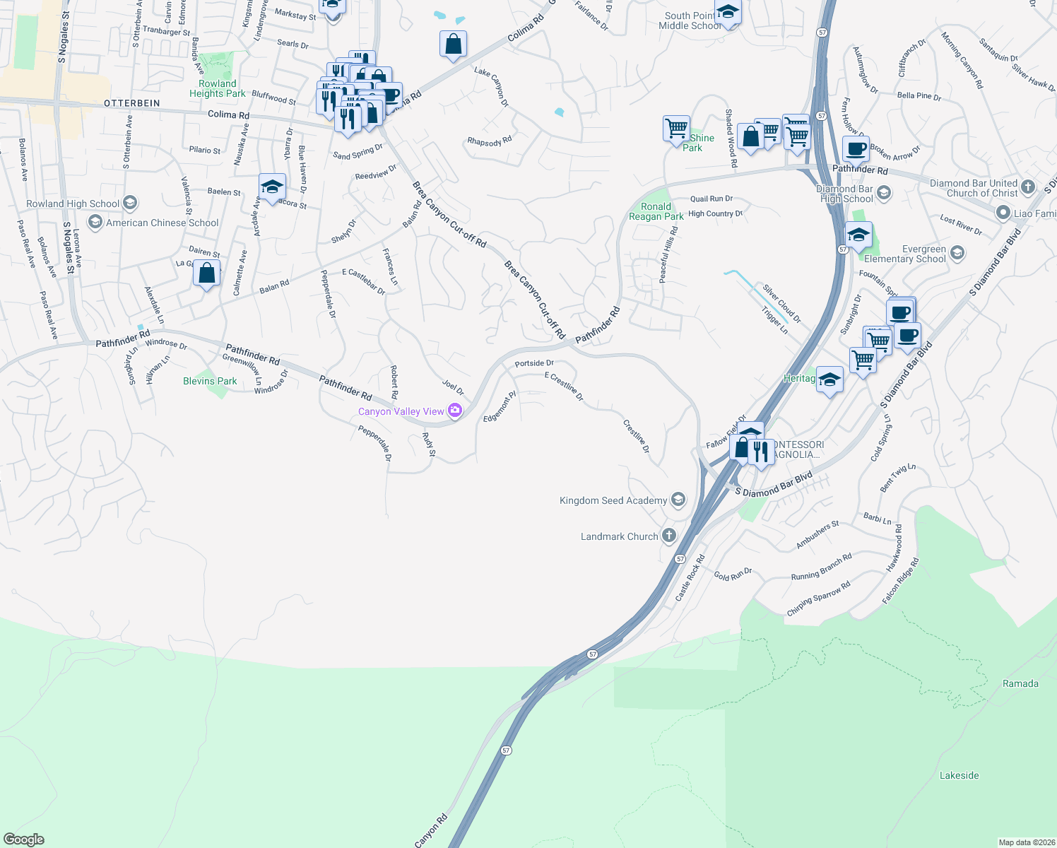 map of restaurants, bars, coffee shops, grocery stores, and more near 2792 South Hillrise Drive in Walnut