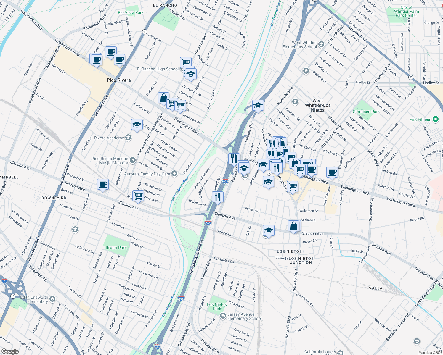 map of restaurants, bars, coffee shops, grocery stores, and more near 8136 Bradwell Avenue in Whittier