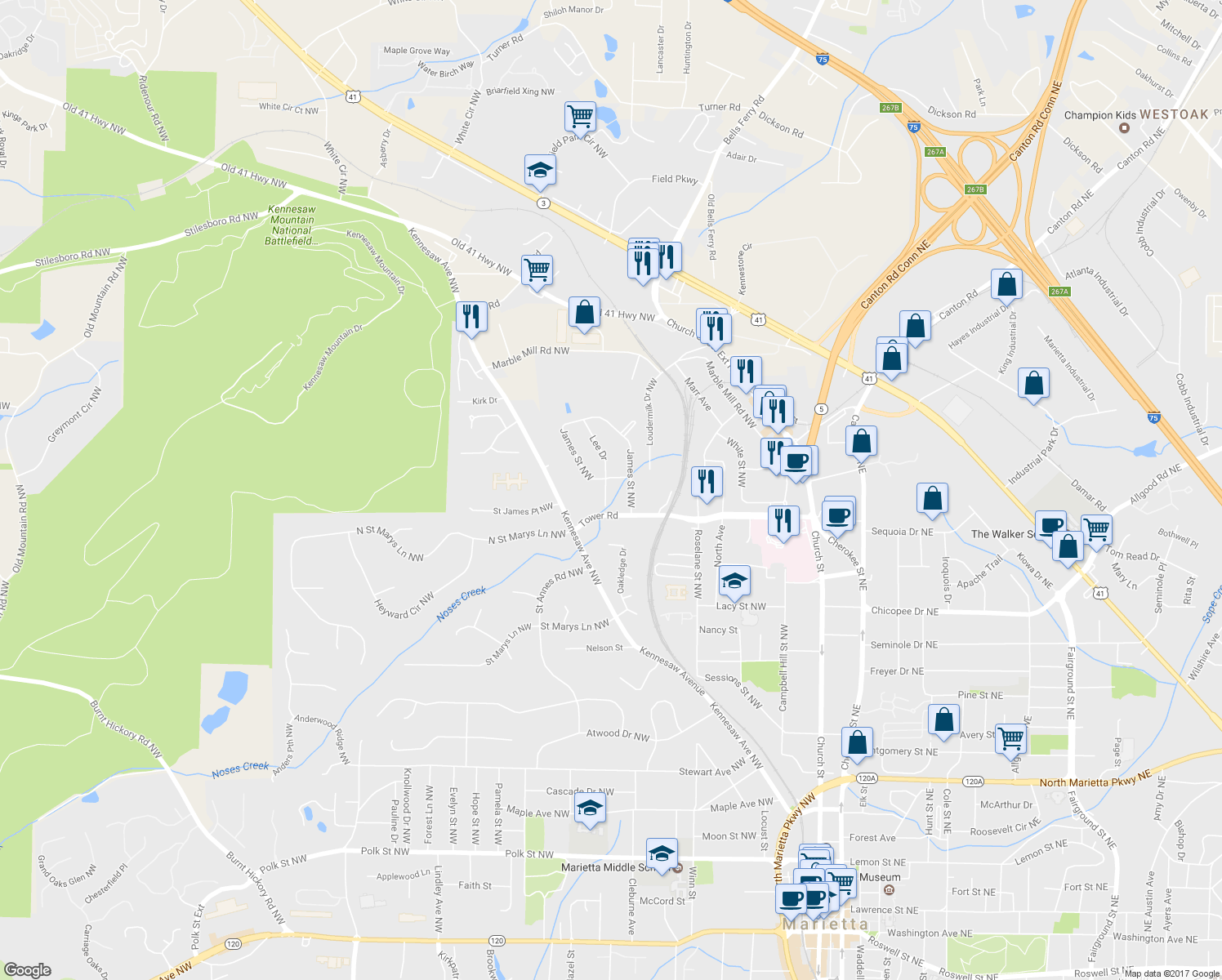 map of restaurants, bars, coffee shops, grocery stores, and more near 830 Lee Drive in Marietta