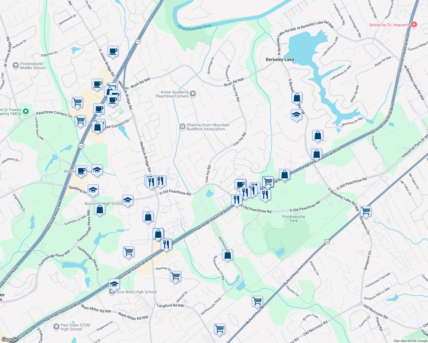 map of restaurants, bars, coffee shops, grocery stores, and more near 5000 Night Heron Ln in Norcross