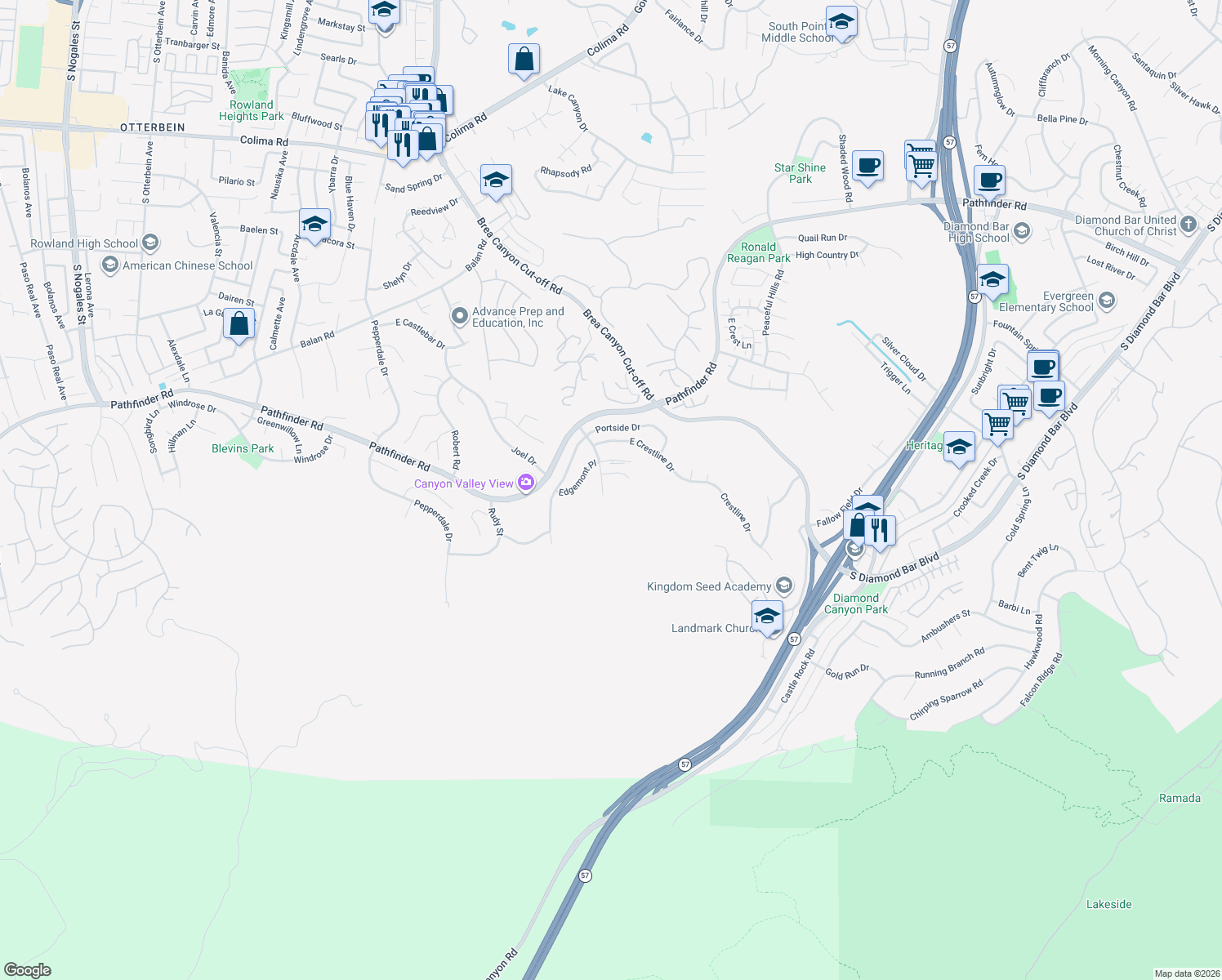 map of restaurants, bars, coffee shops, grocery stores, and more near 2768 South Hillrise Drive in Walnut