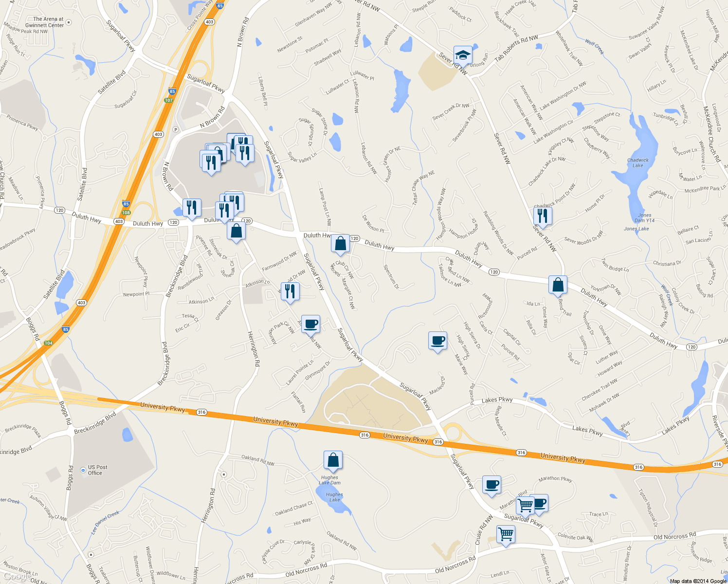 map of restaurants, bars, coffee shops, grocery stores, and more near 2130 Racquet Club Circle Northwest in Lawrenceville