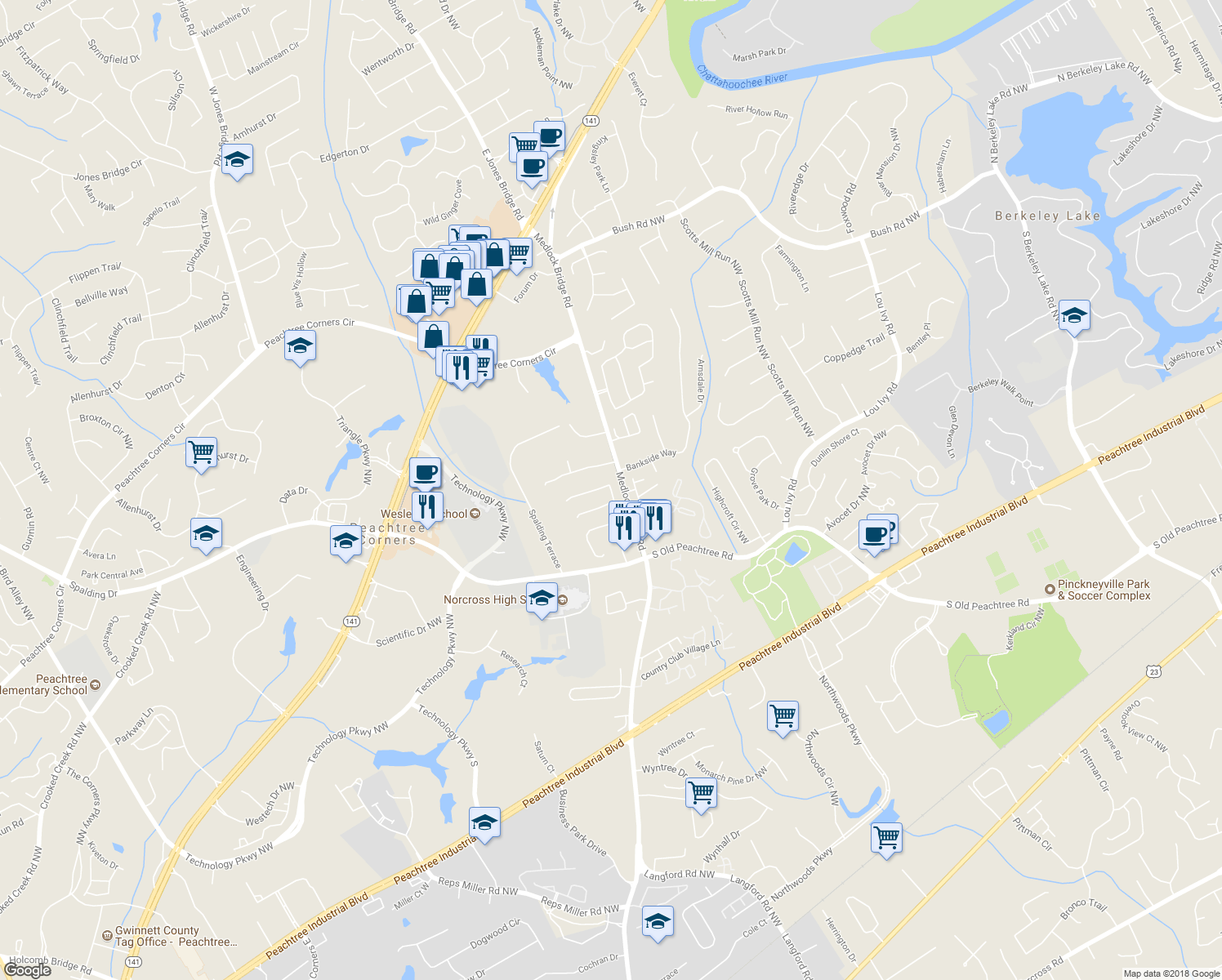 map of restaurants, bars, coffee shops, grocery stores, and more near 3480 Bridge Mill Court in Norcross