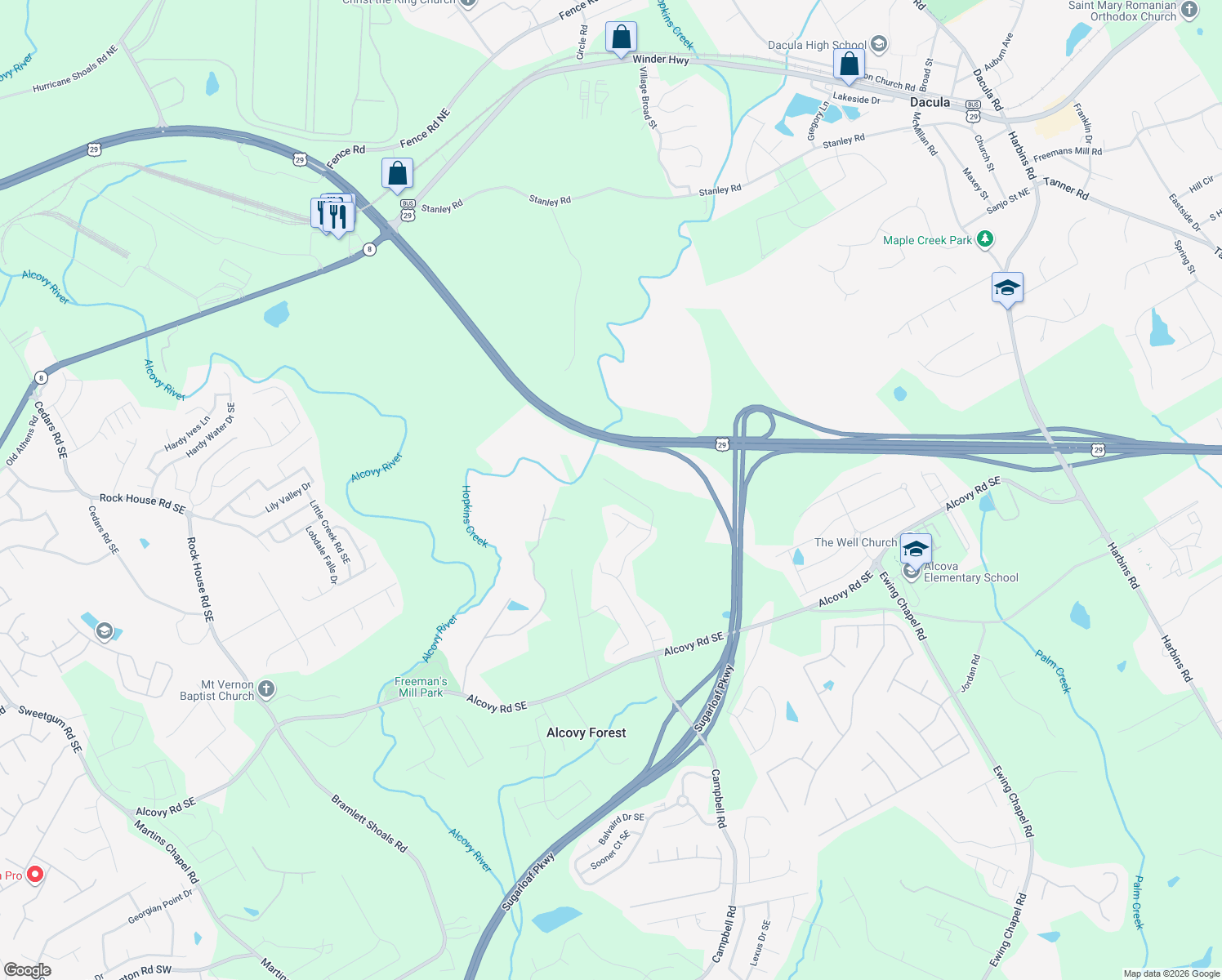 map of restaurants, bars, coffee shops, grocery stores, and more near 2056 Alcovy Trace Way in Lawrenceville